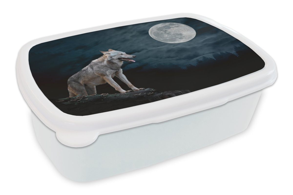 MuchoWow Lunchbox Wolf - Mond Kunststoff, für Mädchen - und Kinder Brotbox (2-tlg), und - Erwachsene, weiß Brotdose, für Jungs Tiere Nacht Porträt, 