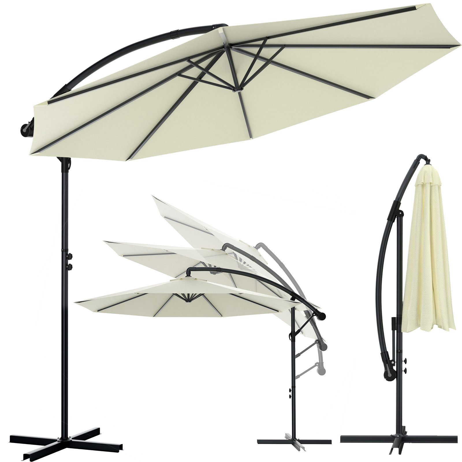 Huracan Sonnenschirm LED Solar Ø 250/300/350cm Ampelschirm mit Kurbel, Ständer, Gartenschirm Balkonschirm UV-Schutz Aluminium wasserdicht 360°neigbar
