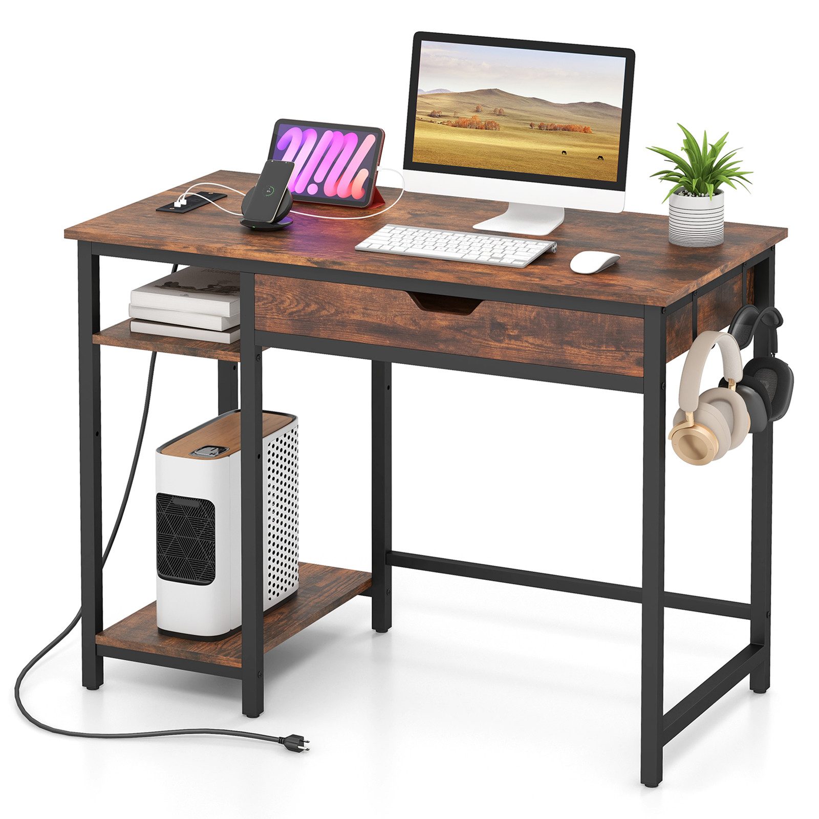 COSTWAY Computertisch, mit Schublade, verstellbarem Regal & Kopfhörerhaken
