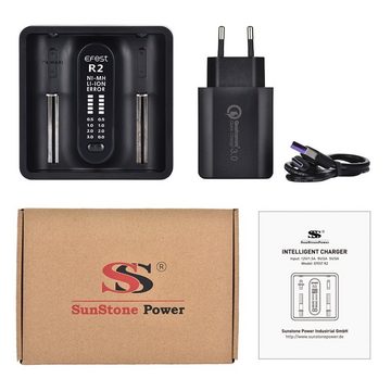 Sunstone Power 2-fach Ladegerät für AA AAA 10440 18650 21700 26650 Lithium NI-MH Batterie-Ladegerät (3000,00 mA, Packung, mit Schnellladefunktion)