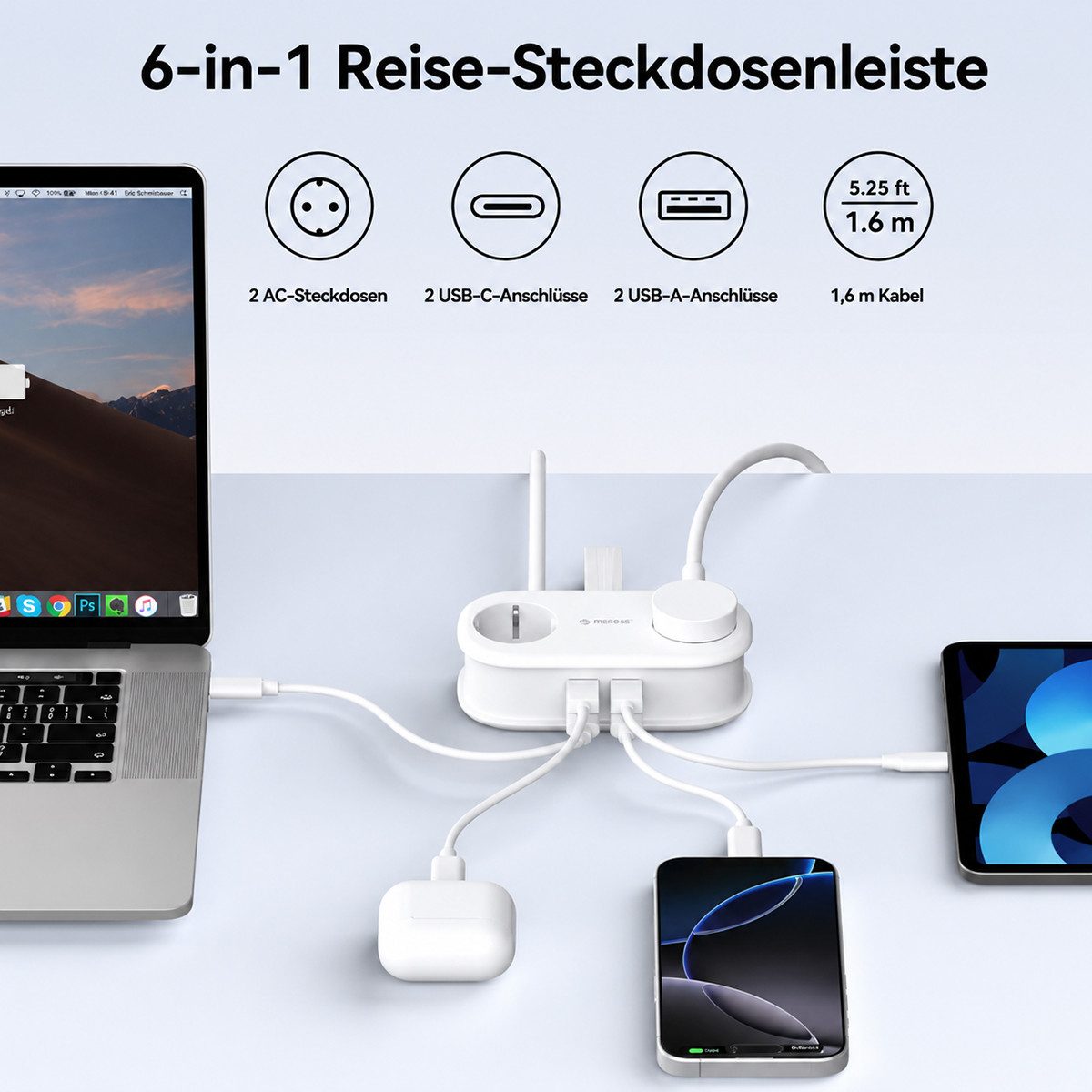 ORICO Steckdose 65W GaN Schnellladung Mehrfachsteckdose 6-in-1 Steckdosenleiste, Packung, 1-St., Mehrfach-Steckdosenleiste für Reisen, kompakter Mehrfachstecker für MacBook iPad iPhone Laptop