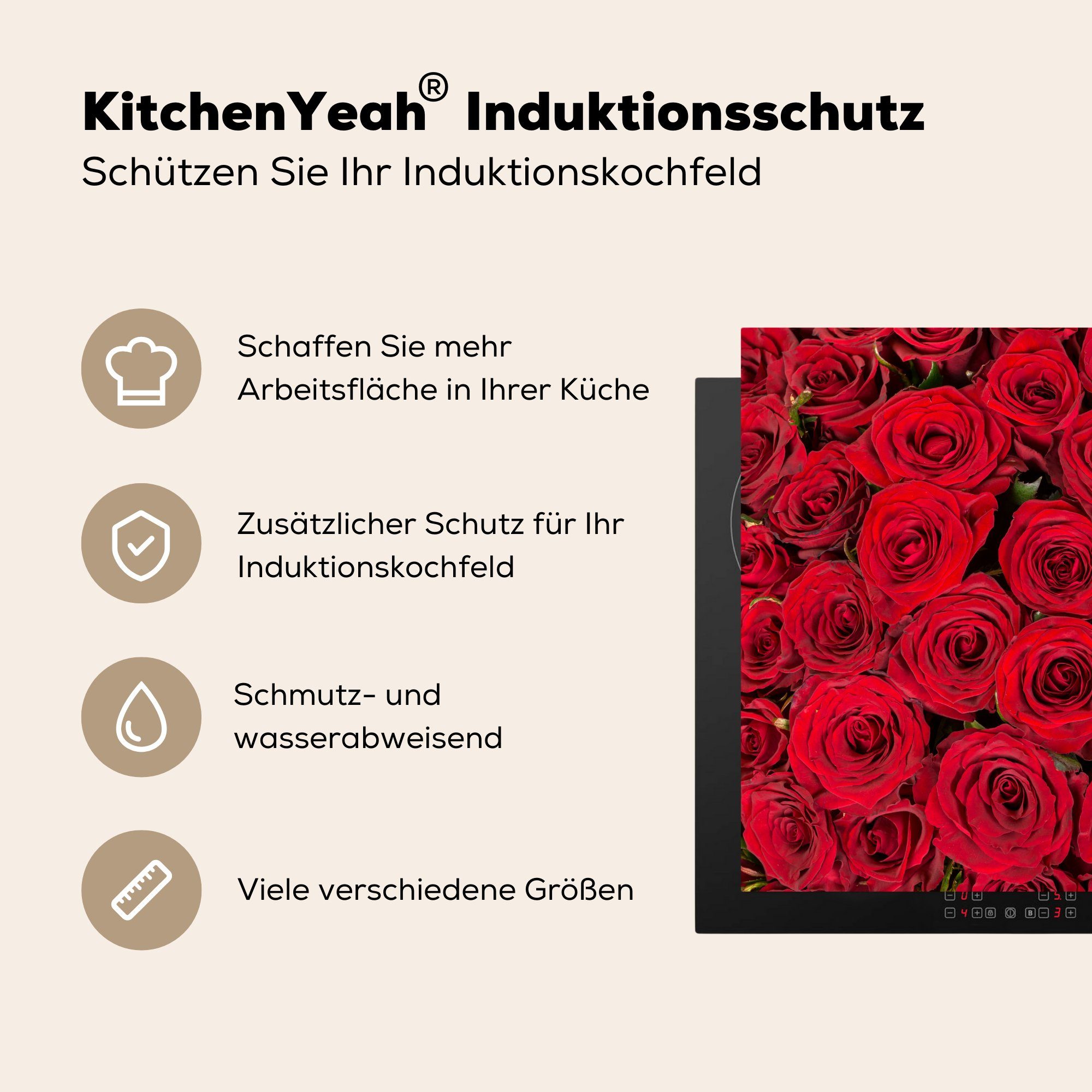 für Rosen Ceranfeldabdeckung, Herdblende-/Abdeckplatte 78x78 cm, (1 tlg), - Blumenstrauß Vinyl, Arbeitsplatte küche MuchoWow Rot, -