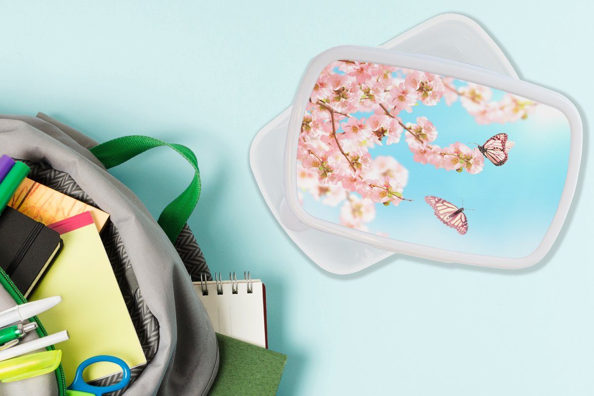 und Mädchen Blumen, Kunststoff, Brotdose, Erwachsene, Lunchbox MuchoWow Baum und (2-tlg), - - für Kinder Brotbox weiß für Schmetterlinge Jungs