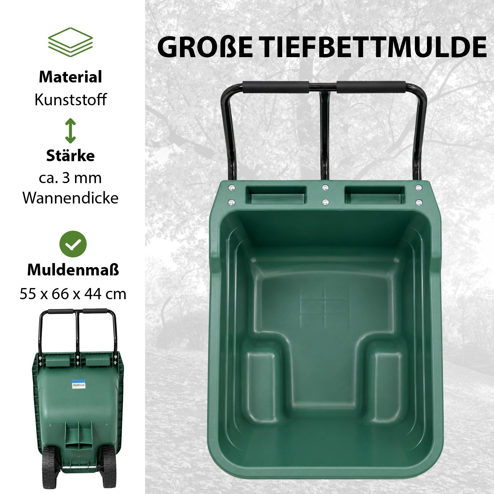 TRUTZHOLM Schubkarre Gartenwagen Schubkarre kippsicher 250 kg 90 L Einhandkarre Laub Garten, (1-tlg), Robuste Kunststoffwanne, kippsicher, pannensicher – Bild 5 von 5