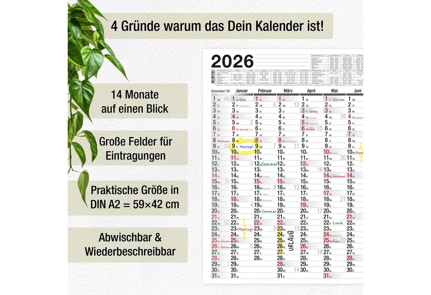 Thumbnail - TOBJA Wandkalender Abwischbarer A2 Wandkalender 2026 inkl. 4 Stifte, Kalender 2026 Jahresplaner 14 Monate