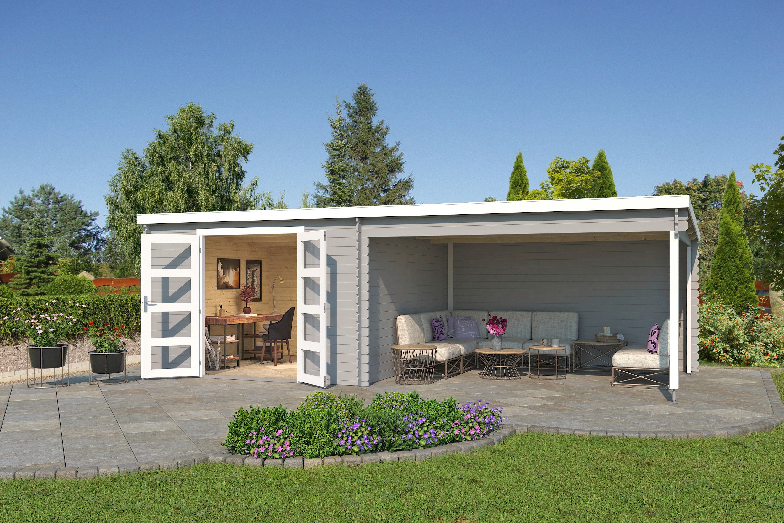 LASITA MAJA Gartenhaus New Orleans, BxT: 730x359 cm, (Set), Blockbohlenhaus 28mm mit Anbau