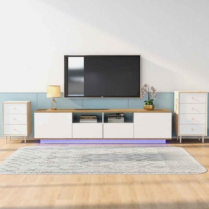 EXTSUD TV-Schrank LED Lowboard TV-Ständer mit Massivholzmaserung und viel Stauraum TV-Tisch moderner TV-Ständer 80 Zoll TV-Ständer TV-Möbel, weiß 180