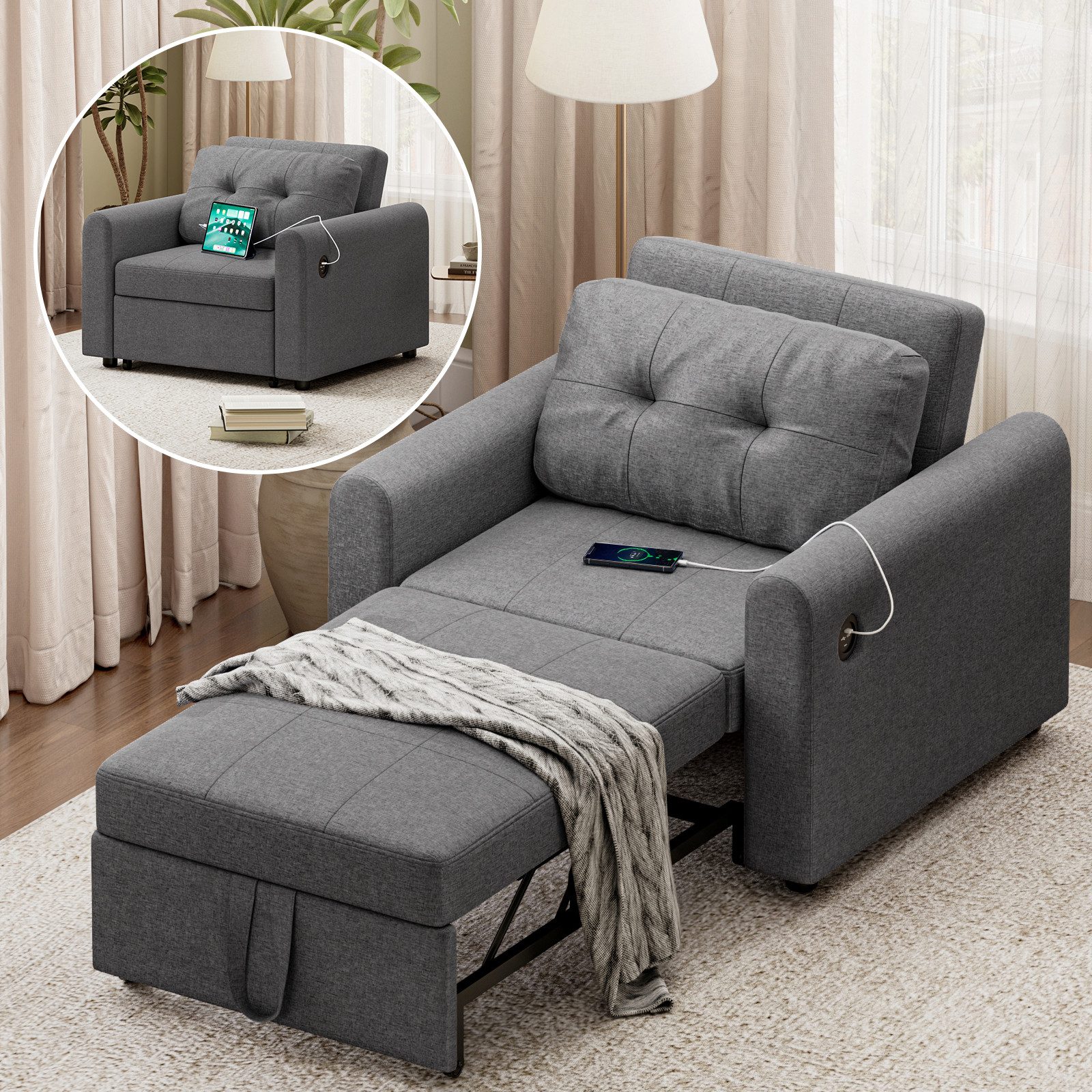 H.yeed Schlafsofa 190×84cm mit USB & Typ-C-Anschluss, Verstellbare Rückenlehne