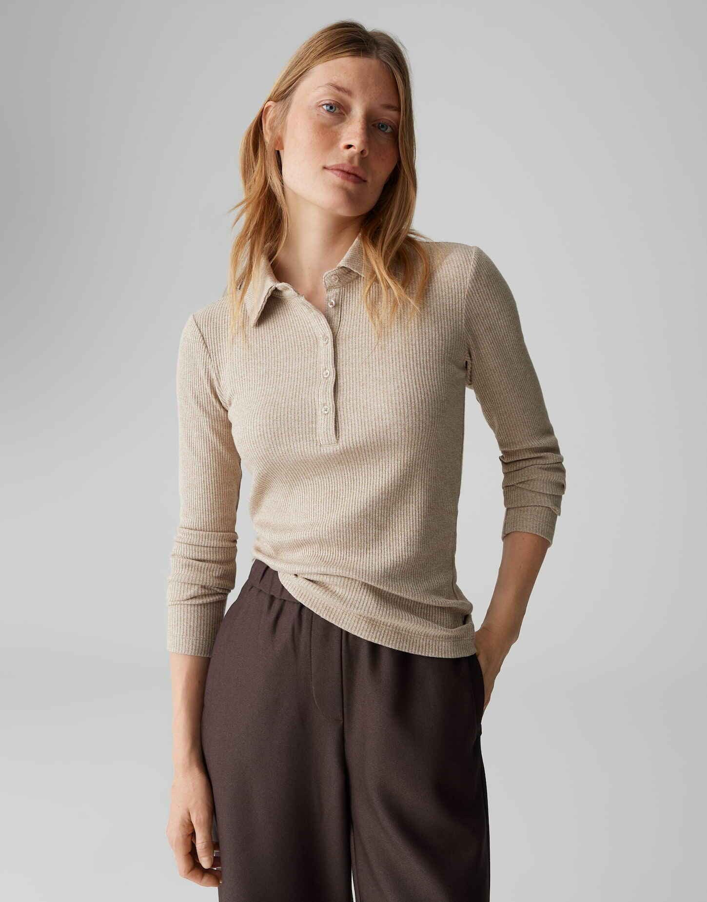 OPUS Langarm-Poloshirt SULONA Slim mit Rippenstruktur schmale Passform, wei günstig online kaufen