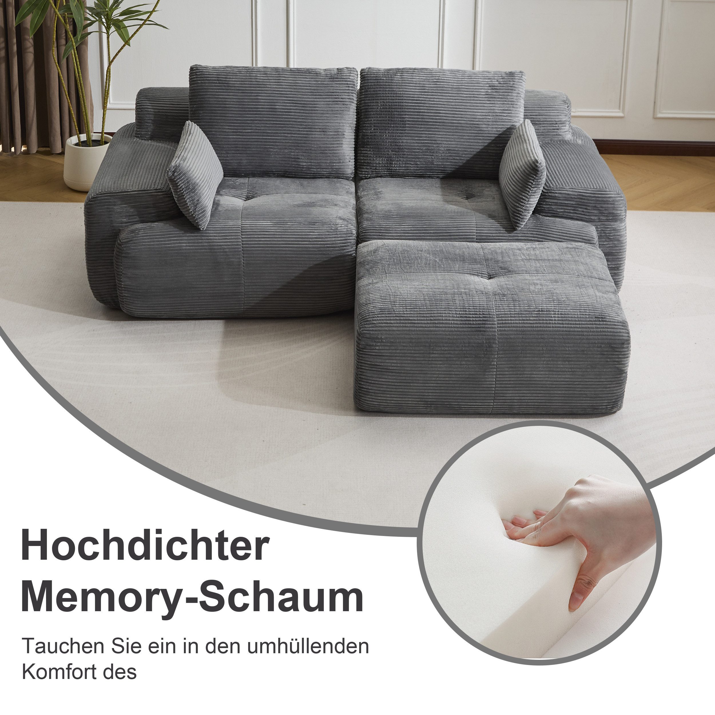 Leawin Sofa 2-Sitzer Sofa ohne Montage, Cordstoff, ergonomisch & platzsparend, Modulares Sofa mit 32D Polsterung für Wohnzimmer & kleine Räume