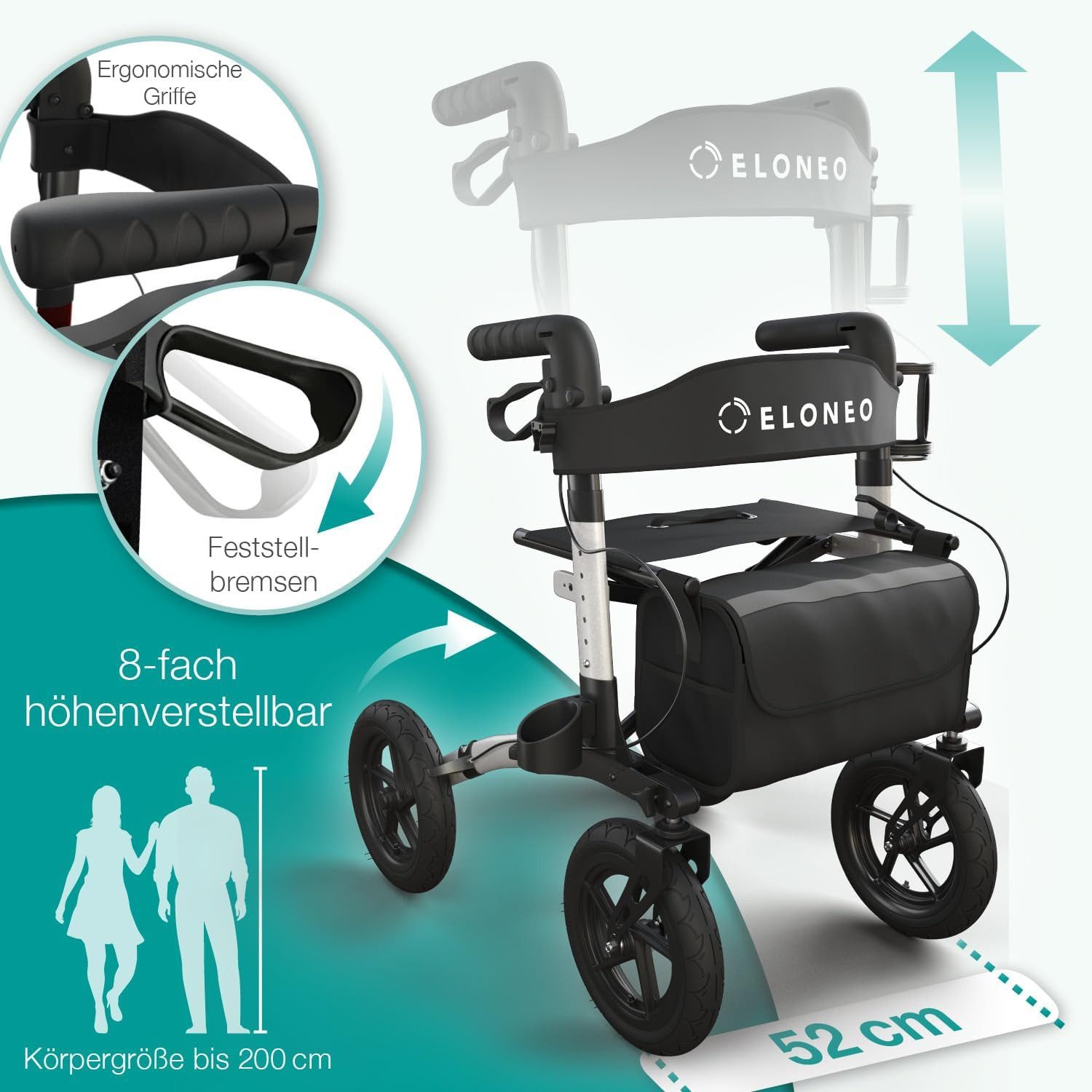 ELONEO Rollator faltbar & leicht, Outdoor Rollator mit Sitz & Luftbereifung, Klick & Go System, feststellbare Bremse, Lufträder
