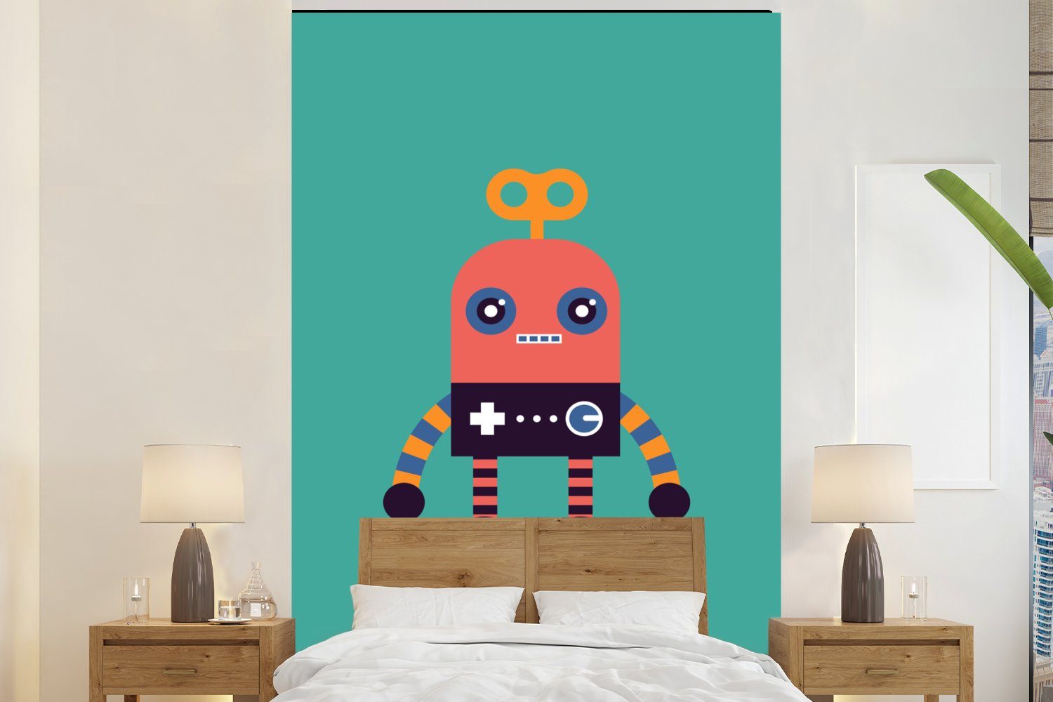 Wandtapete - (3 Wohnzimmer, Tapete Jungen - Matt, Kinder, - Vinyl Roboter Rosa Gesicht Spielzeug MuchoWow - St), Fototapete für Montagefertig bedruckt, -