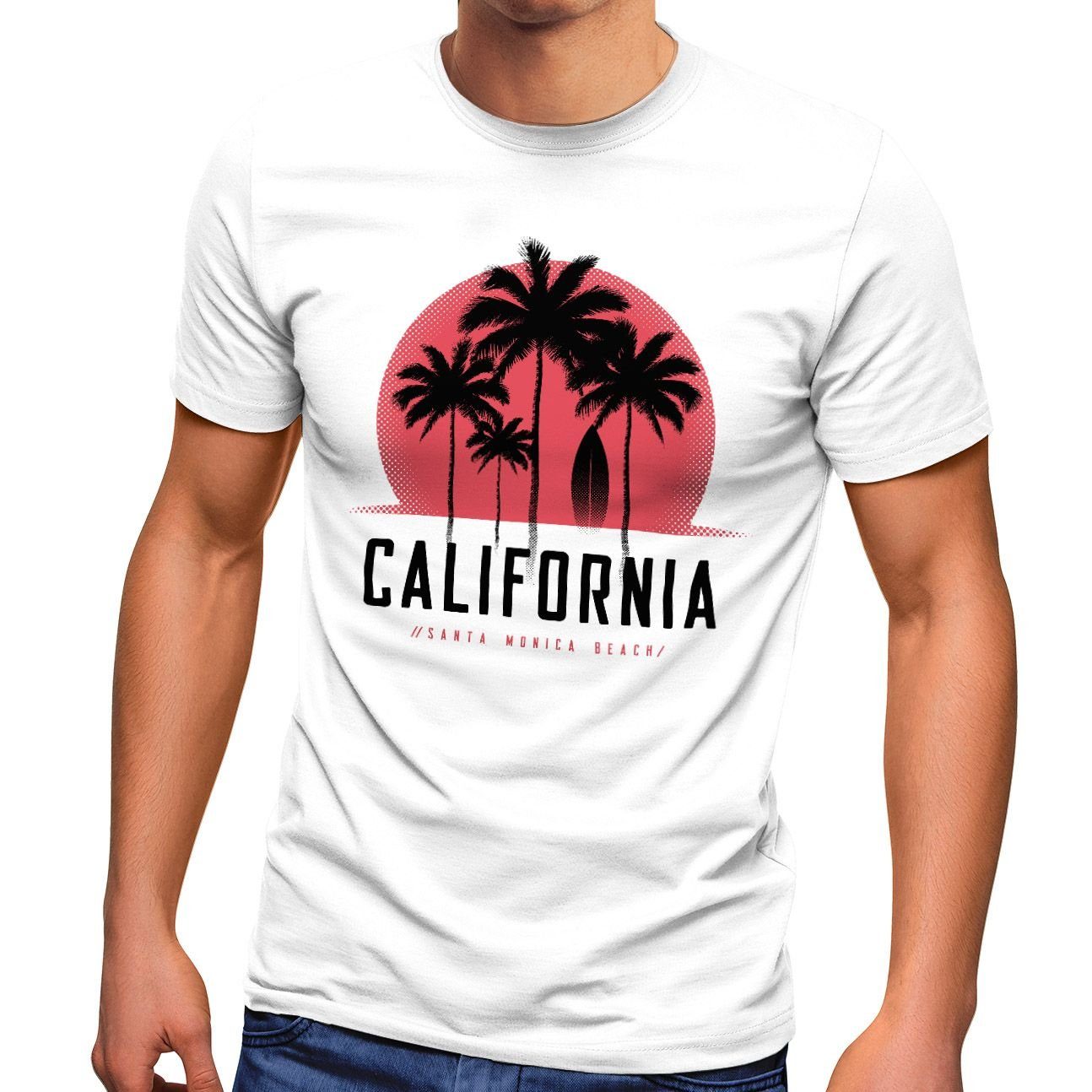 Neverless® Fashion Monica Beach Palmen mit Santa Herren Print-Shirt Print Sommer California Neverless Sonne Streetstyle T-Shirt weiß