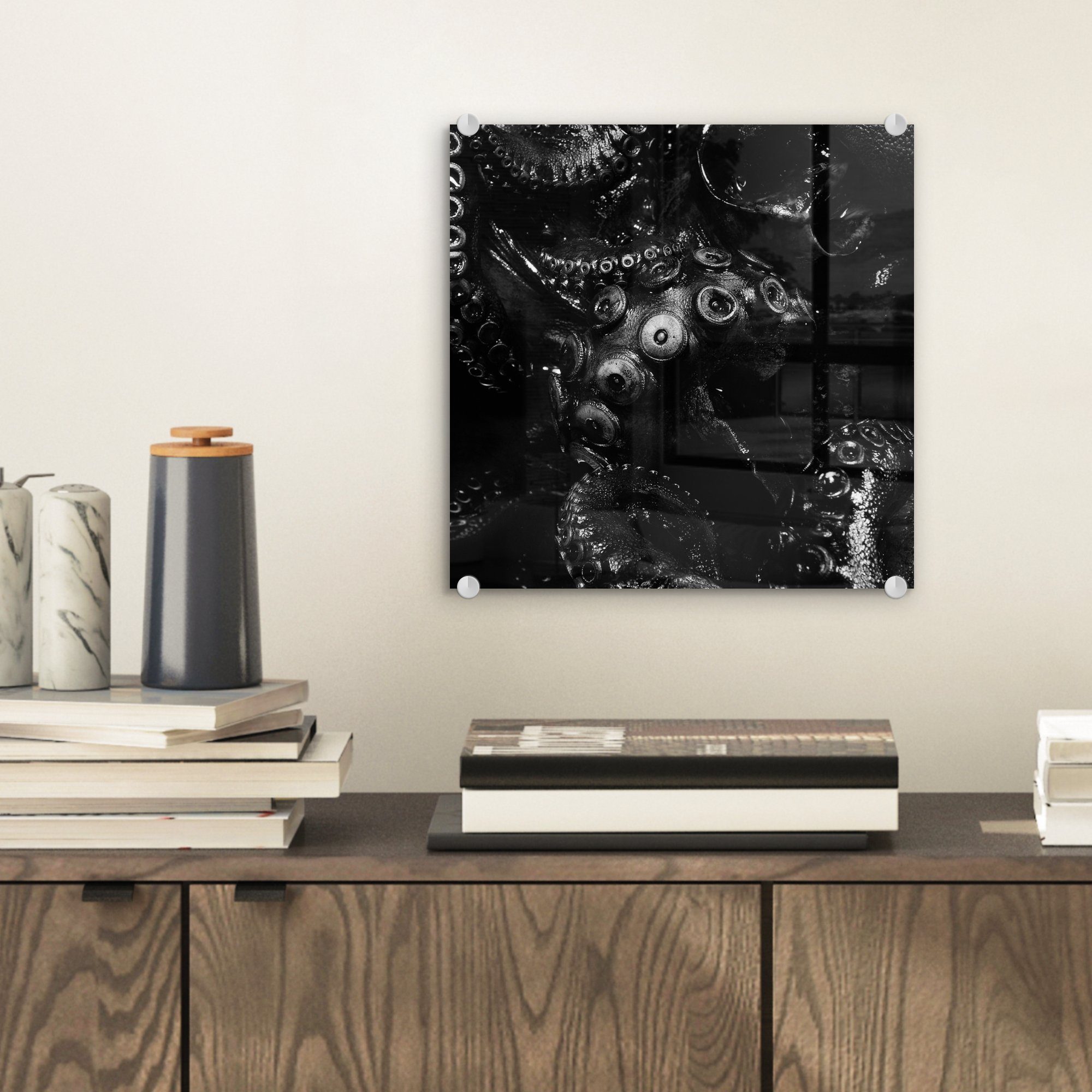 MuchoWow Acrylglasbild Nahaufnahme Oktopus auf auf - Hintergrund (1 - Foto und - Glas schwarzem auf Wanddekoration weiß, Bilder schwarz Glas in St), Glasbilder Wandbild
