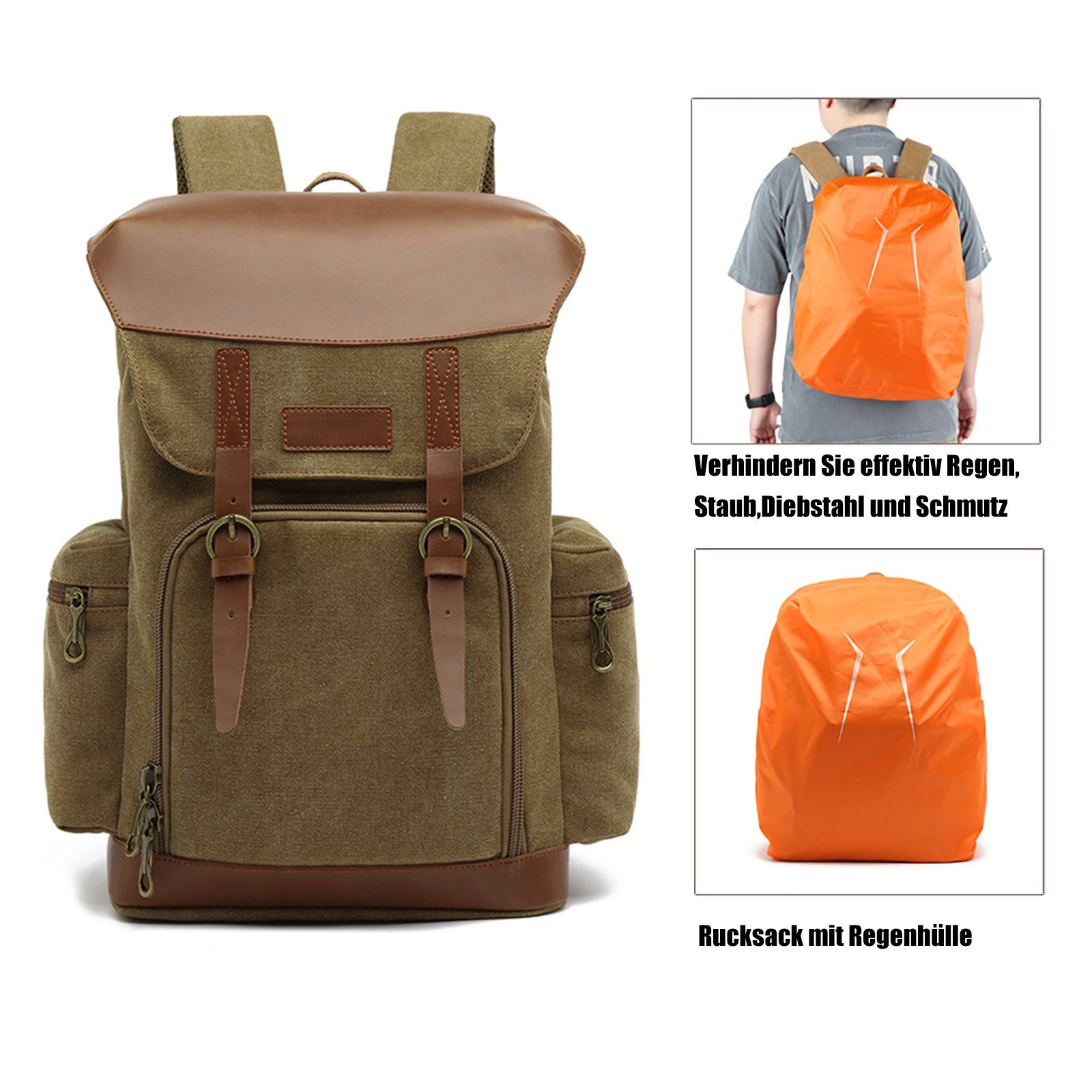 TAN.TOMI Freizeitrucksack Multifunktionsrucksack im Vintage-Look, mit Dunkelbraun Lederelementen und Laptop-Fach