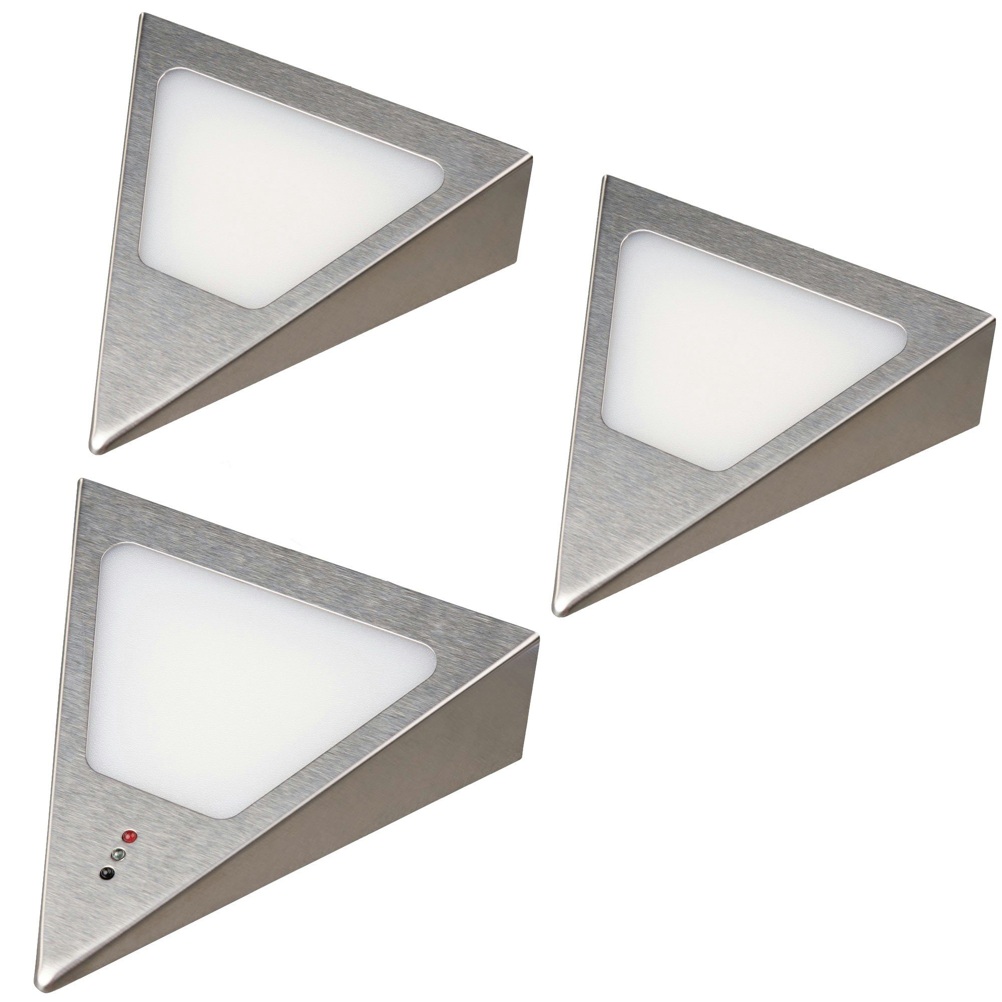 kalb LED Unterbauleuchte LED Unterbauleuchten Dreieck mit Sensor - Dimmer Edelstahl gebürstet, 3er Set warmweiss, warmweiß