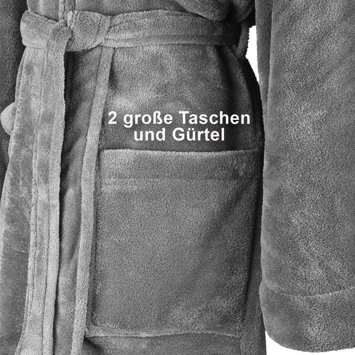 Gräfenstayn Unisex-Bademantel Bademantel Kapuze Flanell Fleece, L Grau, warm & kuschelig, Waden bis Knöchellang, Fronttaschen, Gürtel, S-XXXL