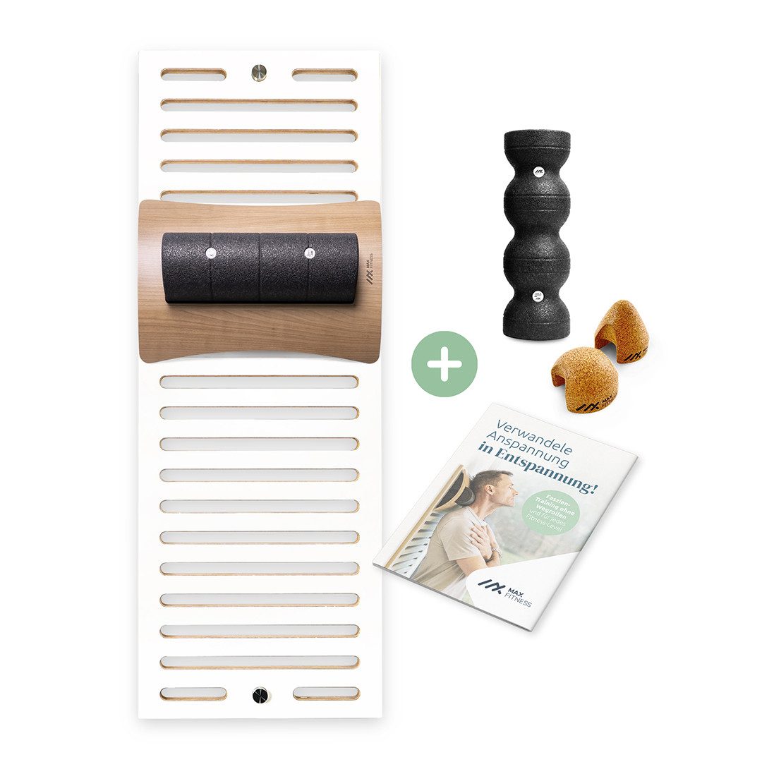 Max Fitness Faszienrolle Set - Rücken Wirbelsäule Massage Foam Roller Triggerpunkt Training, 1er Set, LeanBoard PickUp 2 Rollen Montageset Ratgeber, Halterung gegen Verrutschen, verstellbares LeanBoard mit Rollen