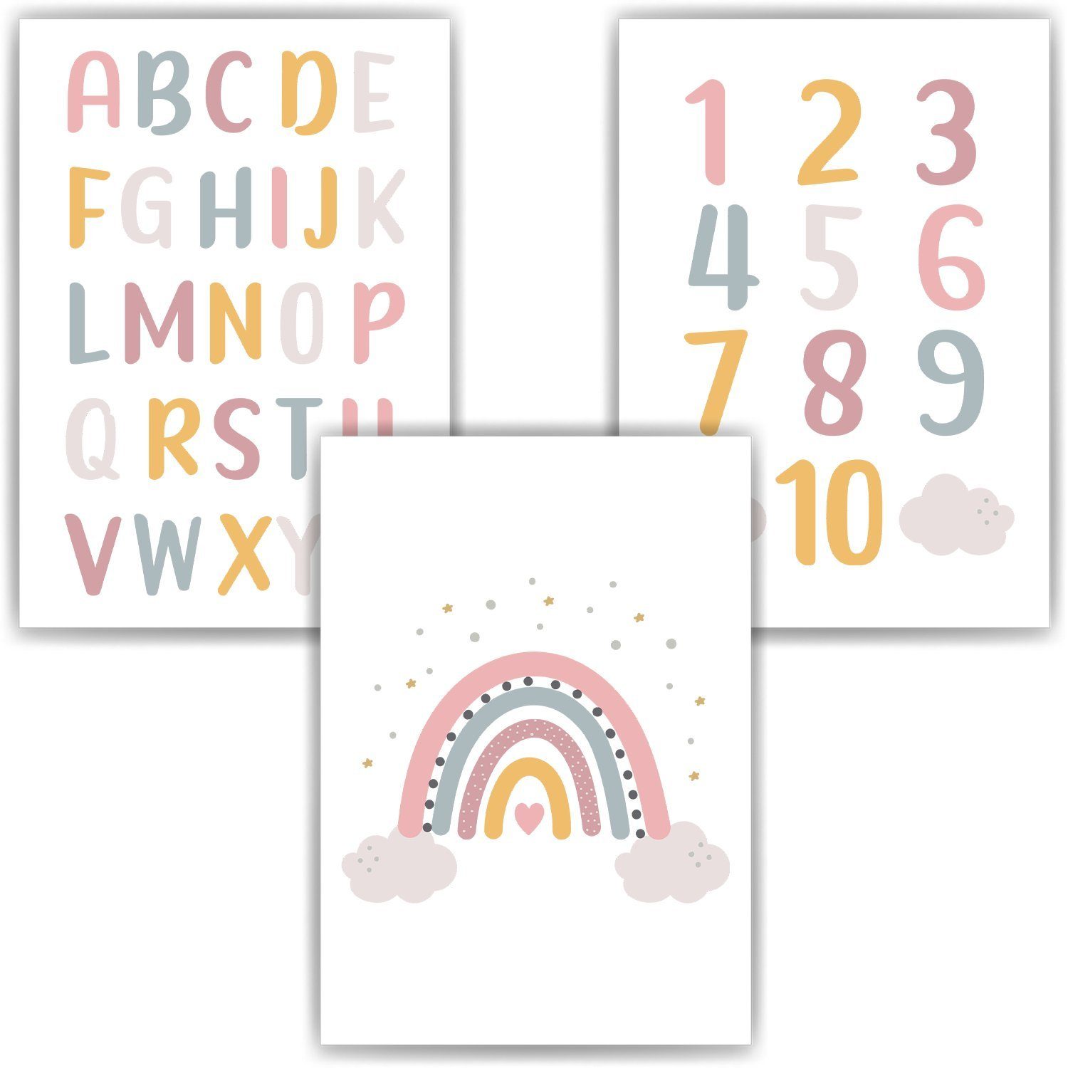 Poster ABC Zahlen 3er Set Lernposter Alphabet Kinderzimmer Wandbilder