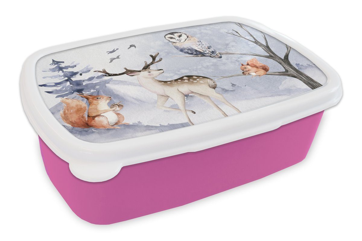 - Brotbox Kunststoff Lunchbox Erwachsene, Hirsche, Kunststoff, Schnee Winter rosa Brotdose Mädchen, - (2-tlg), Kinder, für Snackbox, MuchoWow
