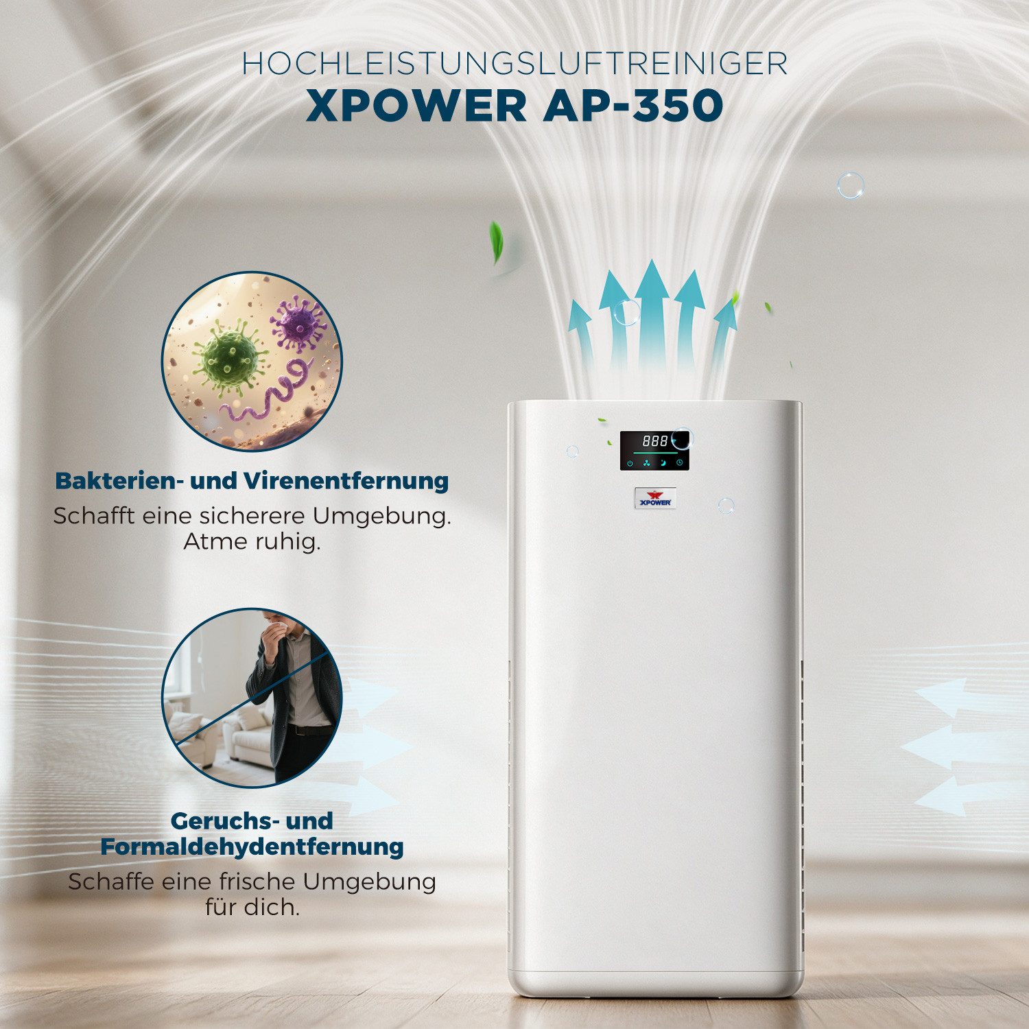 XPOWER Luftreiniger mit 4-Stufen-HEPA-Filter, UV-Licht & Ionisator, 580 m³/h CADR (AP-350), für 70 m² Räume, Aromafunktion, PM 2.5 Luftqualitätsanzeige, LCD-Touchdisplay