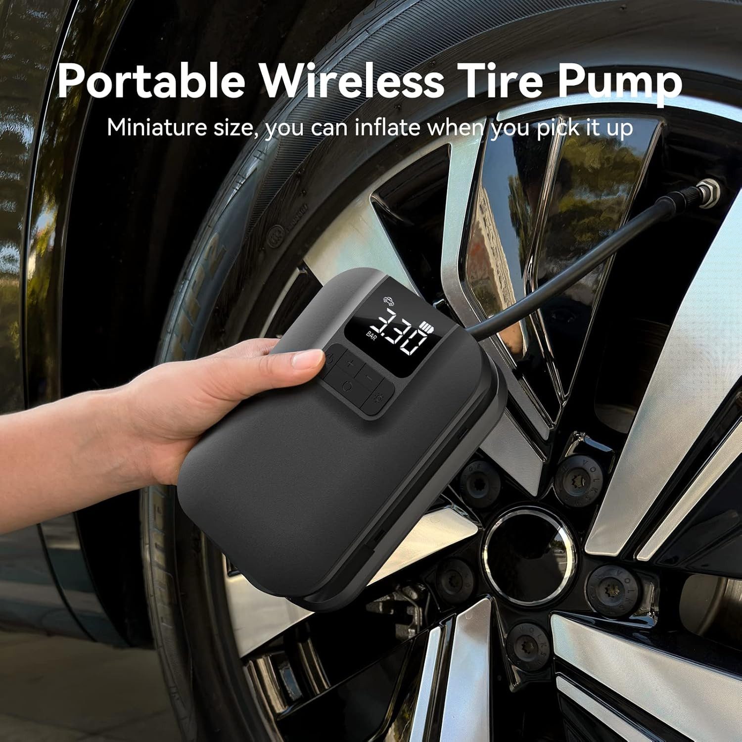 LA CUTE Akku-Handkompressor Elektrische Luftpumpe 150 PSI Digital 5000mAh mit LED-Licht, 60 W, max. 10,30 bar, Kompakte elektrische Akku-Luftpumpe für Auto, Fahrrad und mehr, Tragbare Luftpumpe mit Zubehör und LED-Licht, vielseitig einsetzbar, Automatische Abschaltung bei voreingestelltem Druckwert