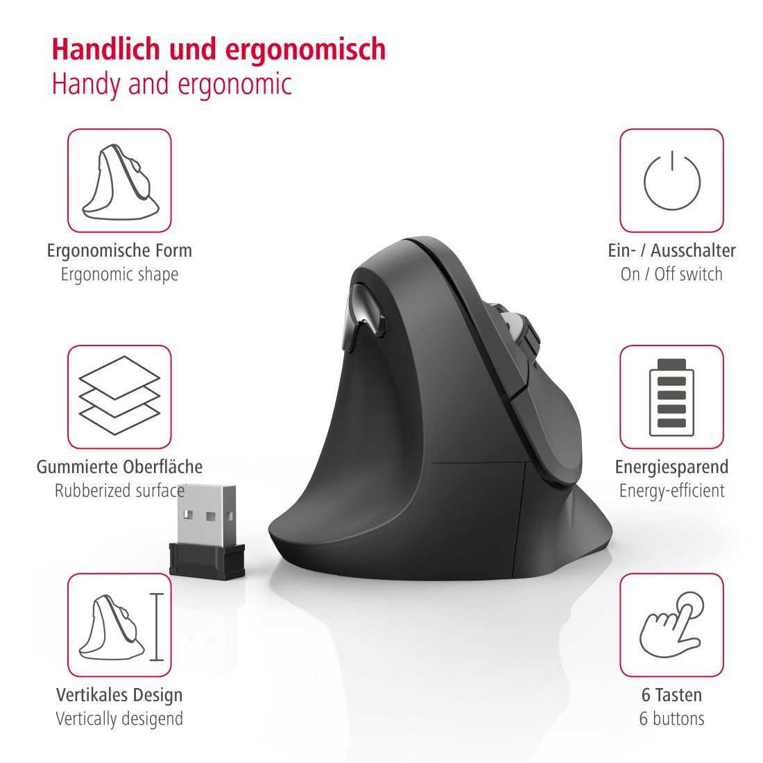 Hama Computermaus kabellos für Linkshänder, ergonomisch, vertikal, schwarz ergonomische Maus (Funk, Funkmaus, DPI Schalter, Browser Tasten, USB Empfänger) – Bild 3 von 5
