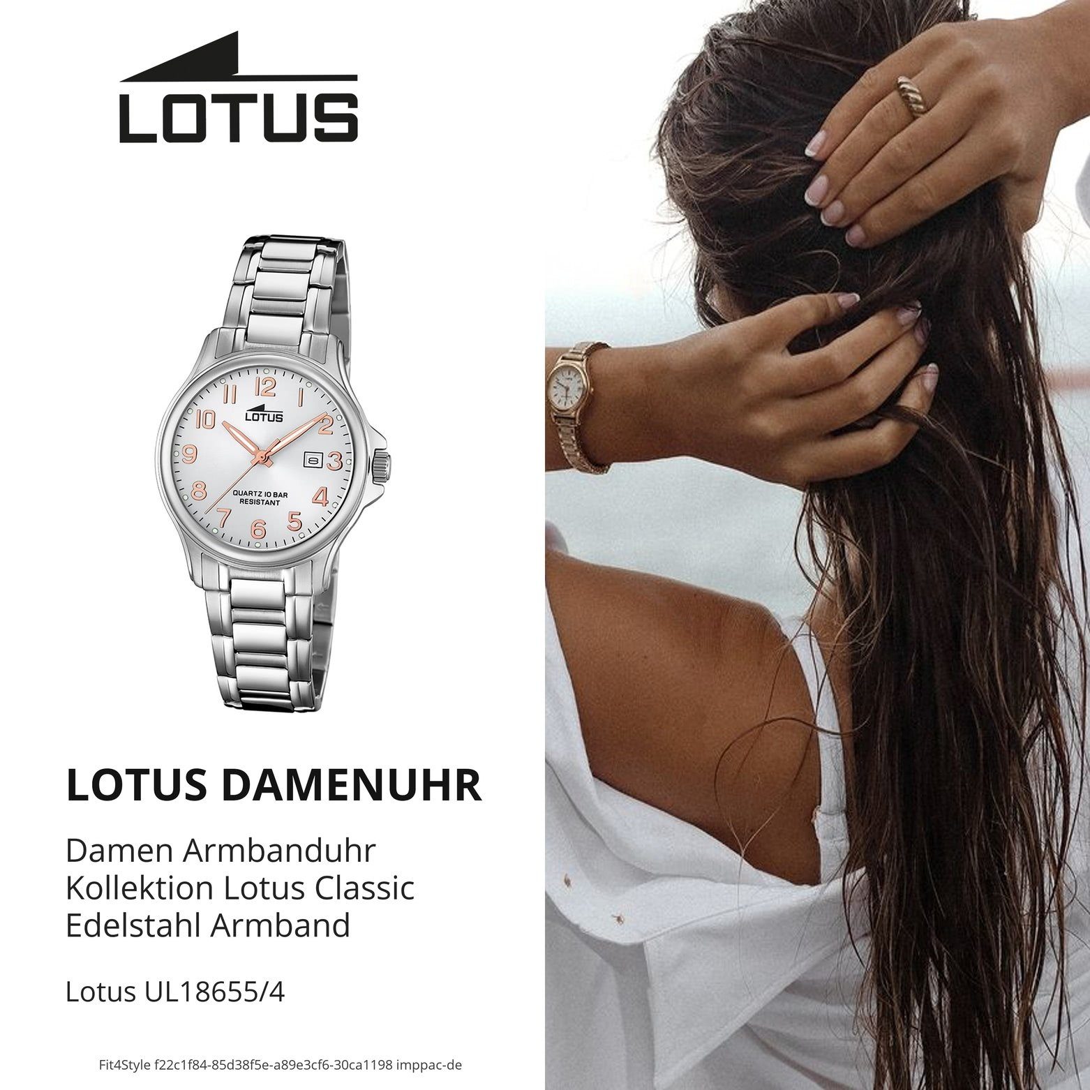 18655/4, Edelstahlarmband LOTUS rund, silber Armbanduhr Fashion Damen Quarzuhr Lotus Damen Uhr