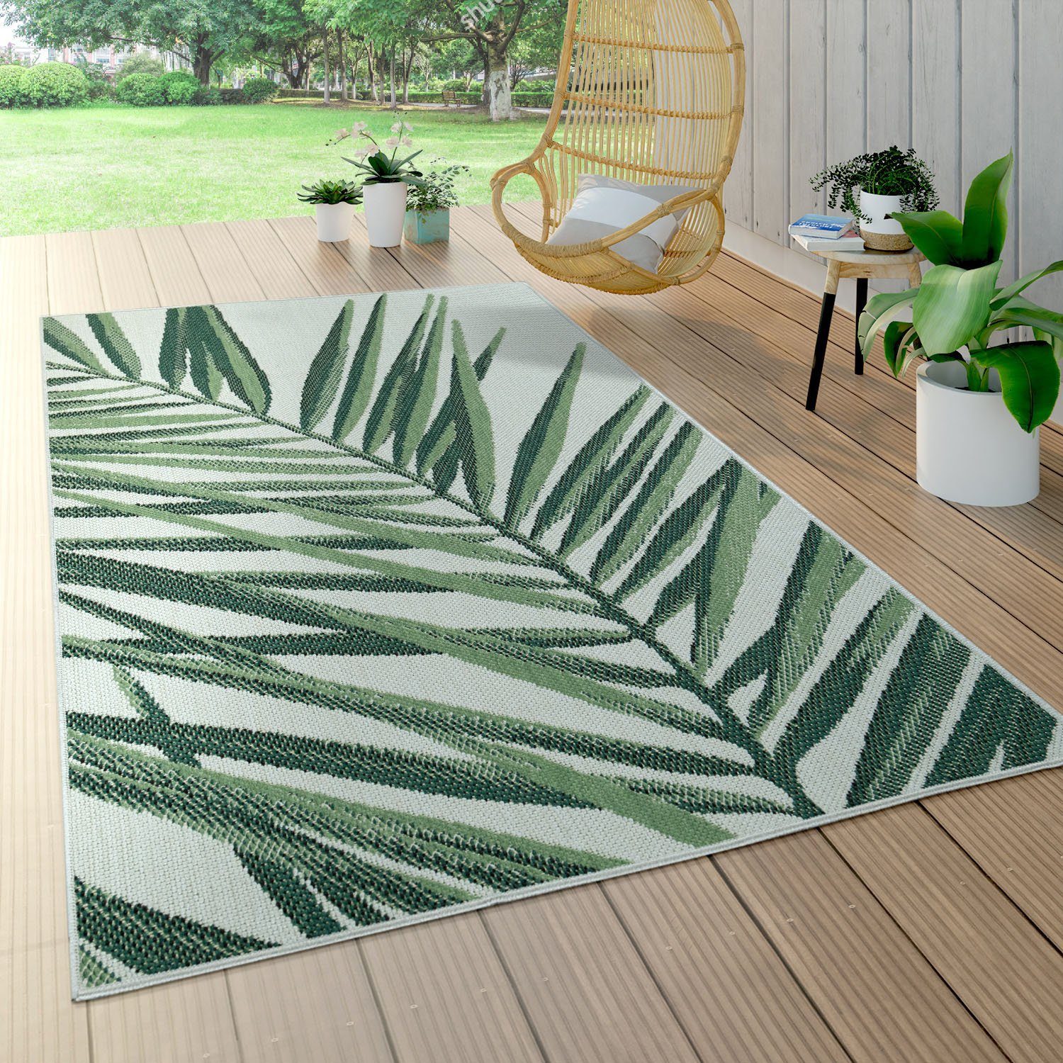 geeignet, Wohnzimmer Motiv Palmenblätter, mm, Ostende Teppich 4 In- Paco Flachgewebe, rechteckig, und Outdoor Höhe: 537, Home,