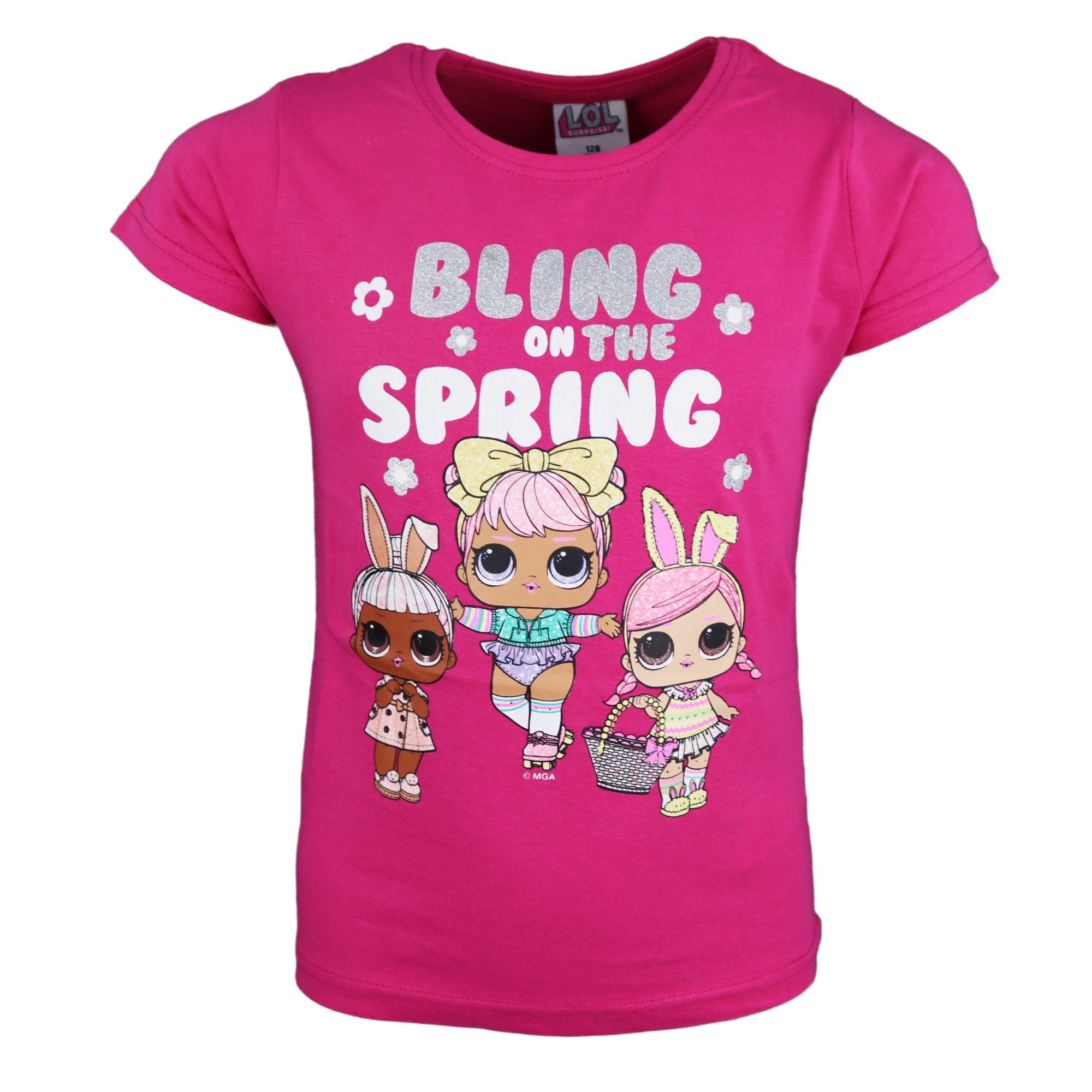 Shirt Baumwolle, SURPRISE! 100% 104 oder Surprise Pink bis T-Shirt Kinder on Blau L.O.L. Spring the Gr. Mädchen Bling 134, L.O.L