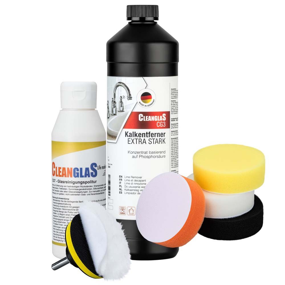 CleanglaS Glasreinigung Set - Entkalker + Politur + Polierschwämme Scheibenreiniger