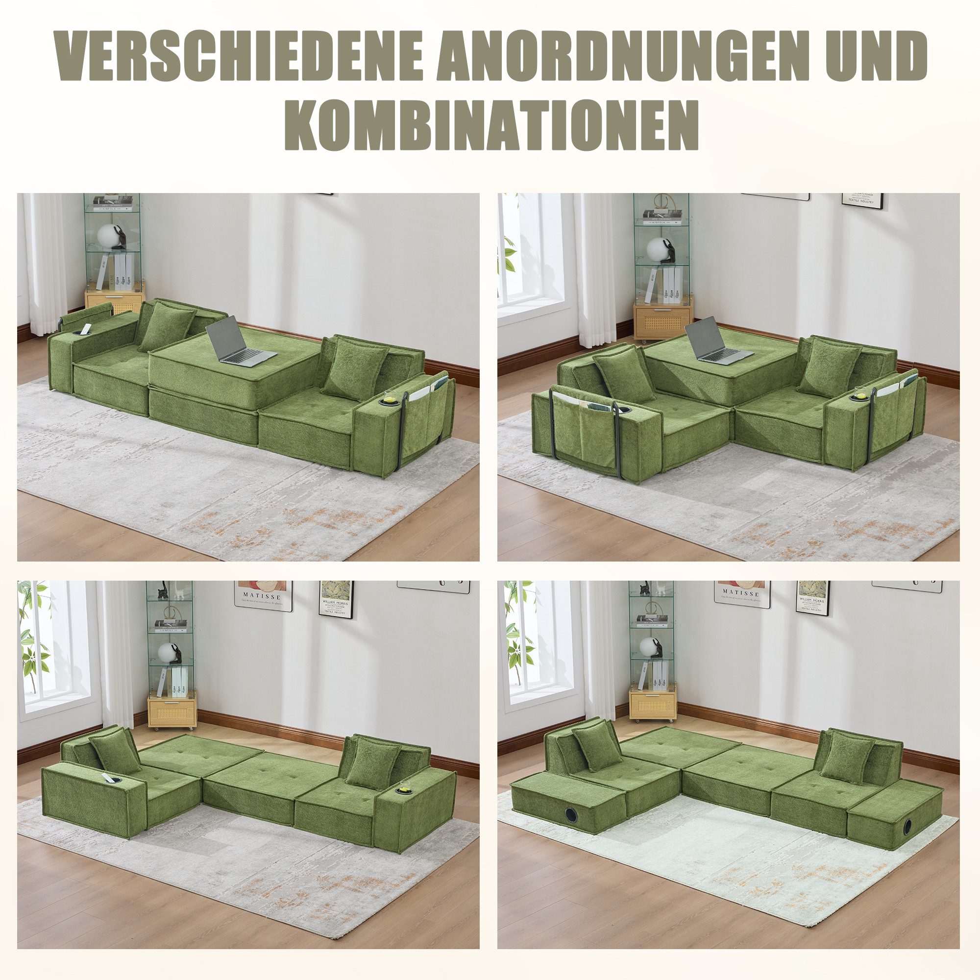REDOM Sofa Zweisitzer aus Stoff mit 2 Kissen, Doppelschlafsofa inkl. Fußhocker mit Stauraum und Getränkehaltern, Loungesofa Ecksofa