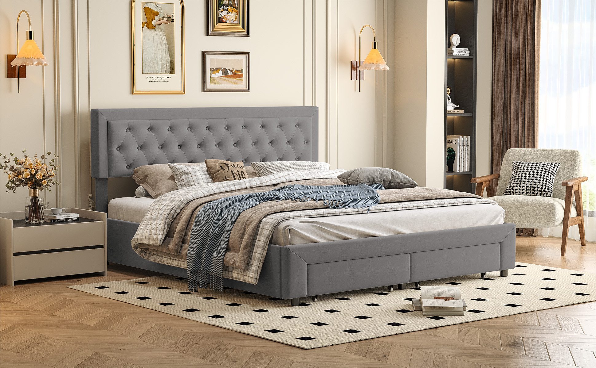 FUROKOY Polsterbett Hydraulisches Stauraumbett Doppelbett Samt (Set, 1-tlg., 180x200cm Jugendbett Bettgestell), mit 2 Schubladen, Knopfsteppung im Kopfteil, Ohne Matratze, Grau