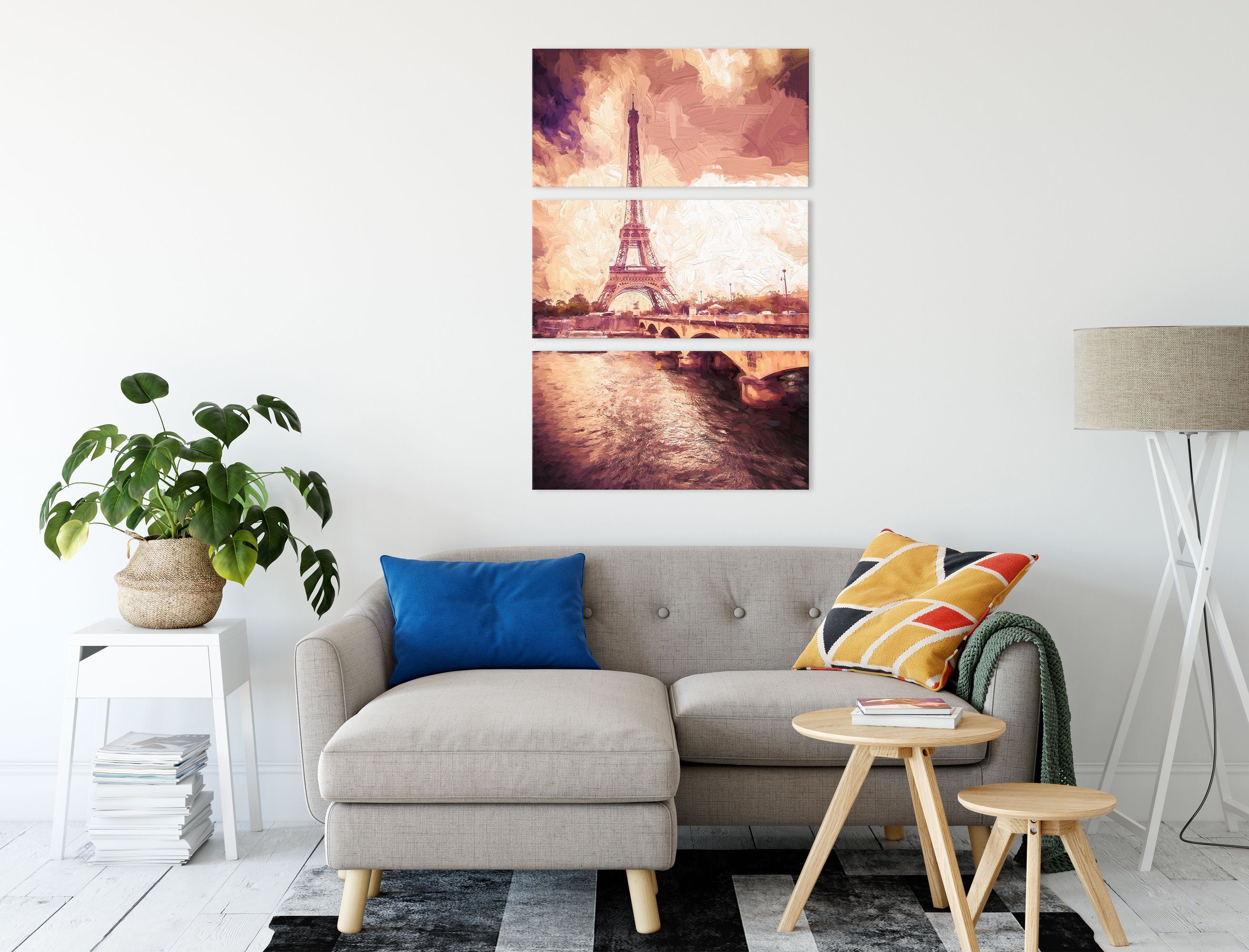 Kunst, fertig 3Teiler bespannt, Pixxprint Eiffelturm Paris in Leinwandbild in Paris inkl. (1 Eiffelturm Leinwandbild St), (120x80cm) Zackenaufhänger Kunst