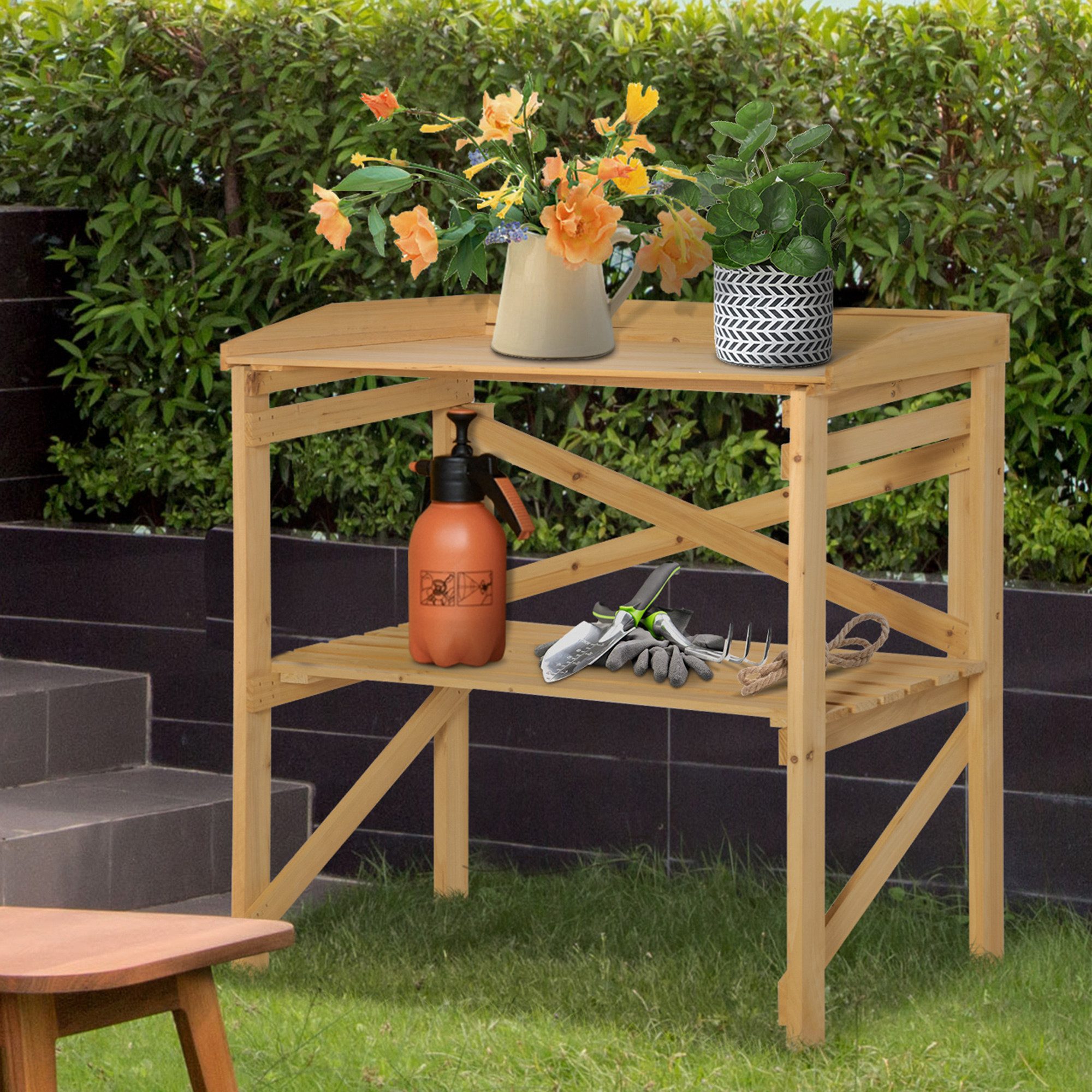 Outsunny Pflanztisch Pflanztisch mit Ablagefläche Gärtnertisch Holz (Gärtnertisch, 1-St., Blumentisch), für Garten, Braun