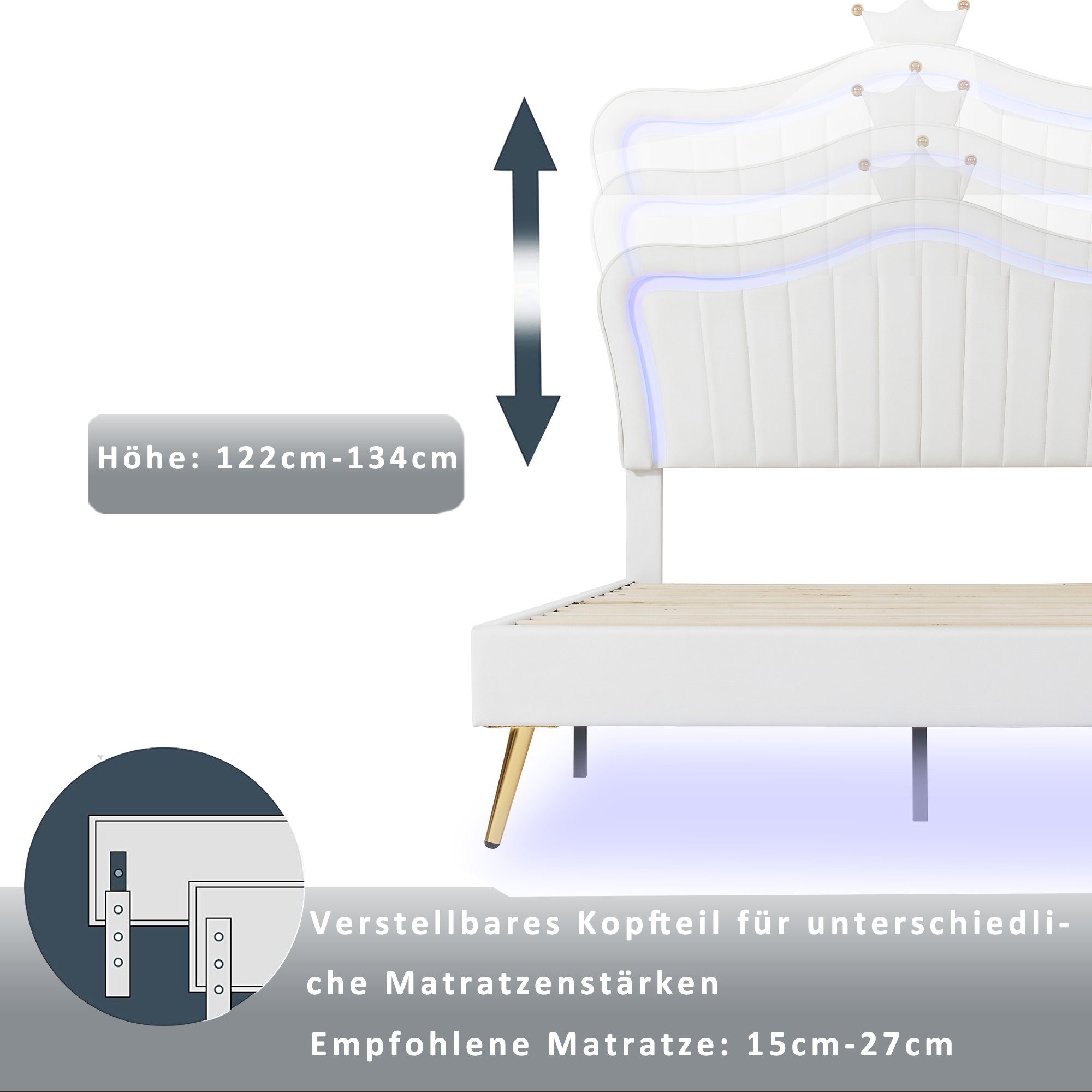 REDOM Polsterbett Bett Kinderbett Polsterbet Gästebett (Bettgestell für Mädchen, weißes Kronen-Doppelbettgestell aus Leder, mit LED-Leuchten, Lattenrost und Rückenlehne 90 x 200 cm), Ohne Matratze