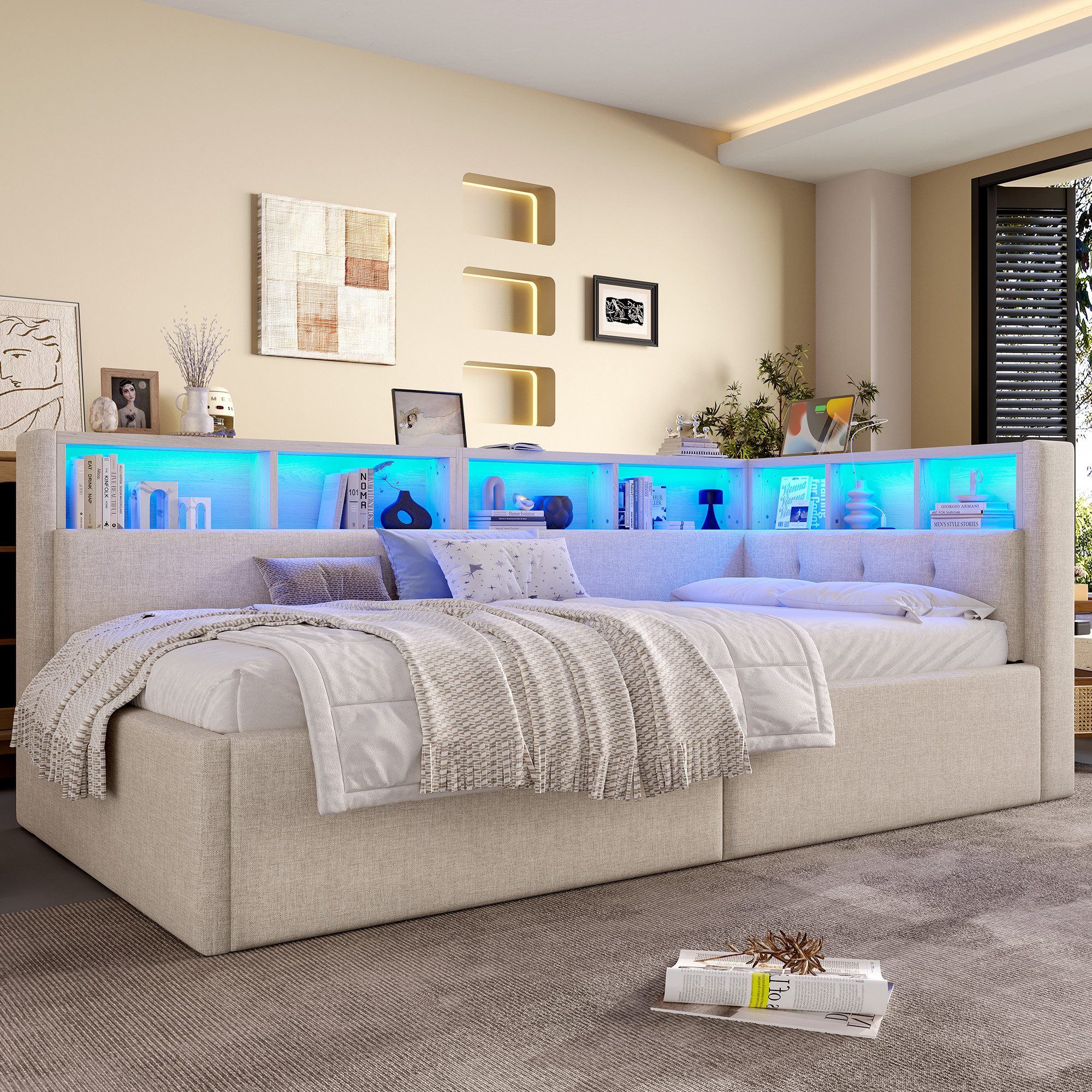 Odikalo Schlafsofa Schlafcouch mit Bettkasten und LED, Tagesbett, Daybett, 90×200 cm, USB- + Typ-C-Anschlüsse, hydraulische Aufbewahrungsfunktion, mehrere Staufächer, mit mehrfarbiger LED-Streifenbeleuchtung, Ohne Matratze, Leinen, Grau / Beige