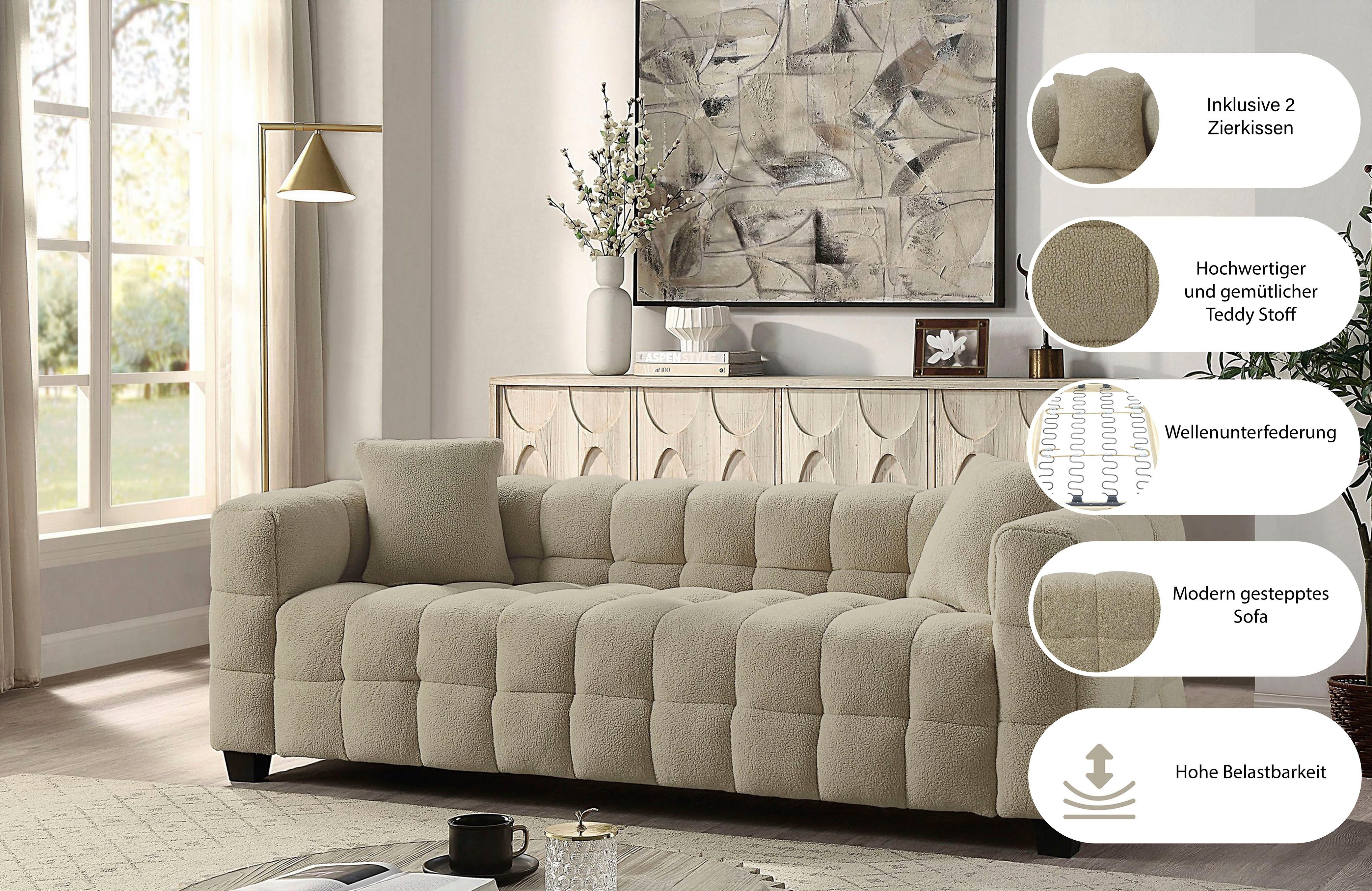ATLANTIC home collection 3-Sitzer Stella, inkl. 2 Zierkissen und mit modernem Teddy Stoff