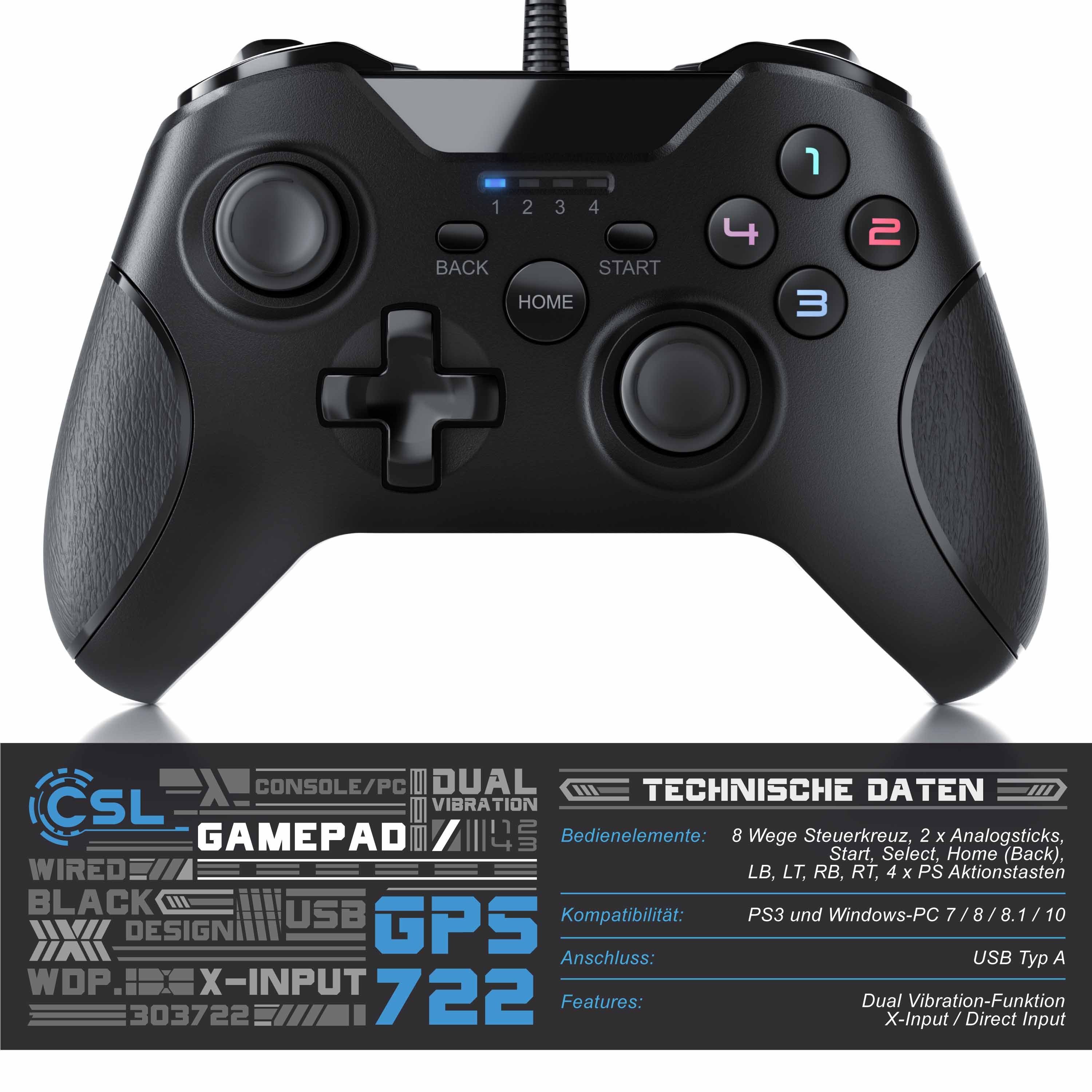 (1 Gaming-Controller Analogsticks) PC St., Xbox-Design, für hochwertige PS3 Gamepad CSL im und