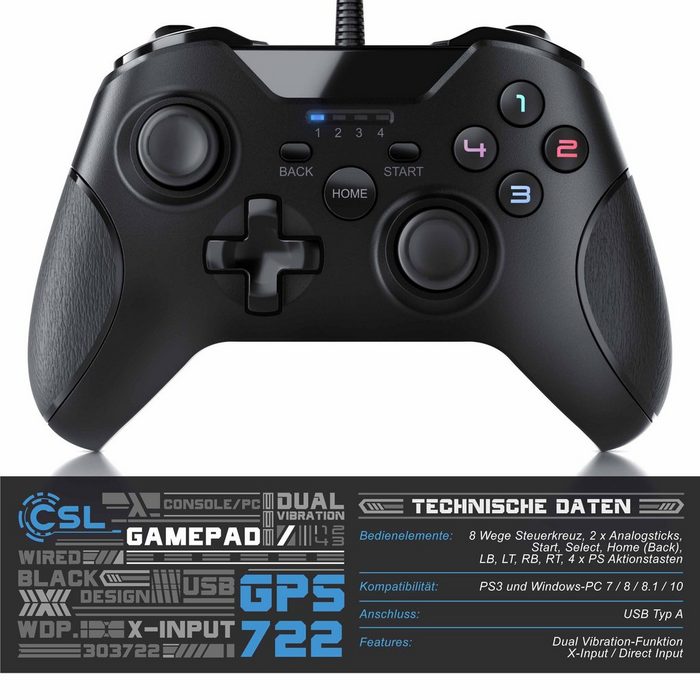 CSL Gaming-Controller (1 St. Gamepad für PC und PS3 im Xbox-Design hochwertige Analogsticks)