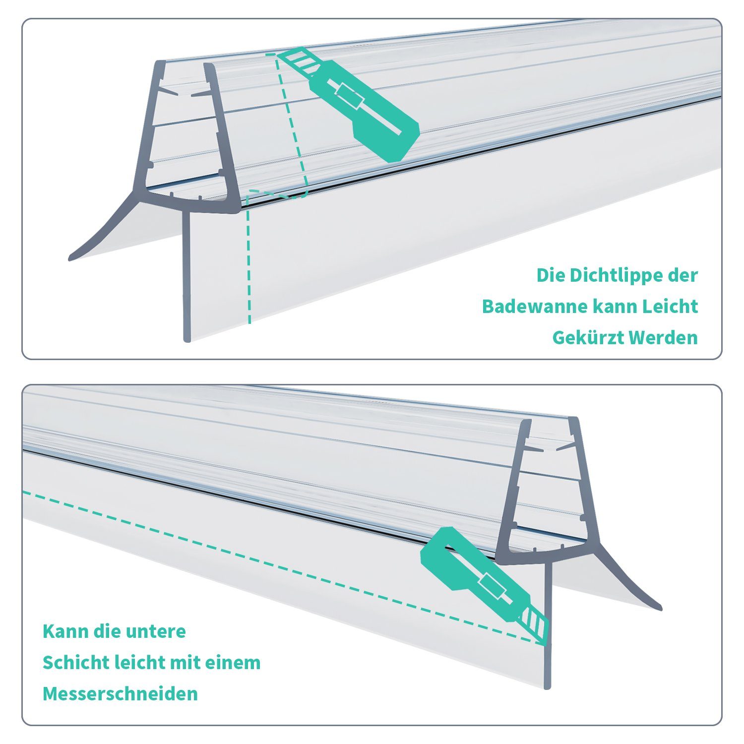 Boromal Duschdichtung 2 Stück Ersatzdichtung Wasserabweiser für 4-6mm Glas Duschtür, L: 100 cm, (Wasserabweiser Schwallschutz für Glastür, 2-St., gerade Glastür – Bild 4 von 5