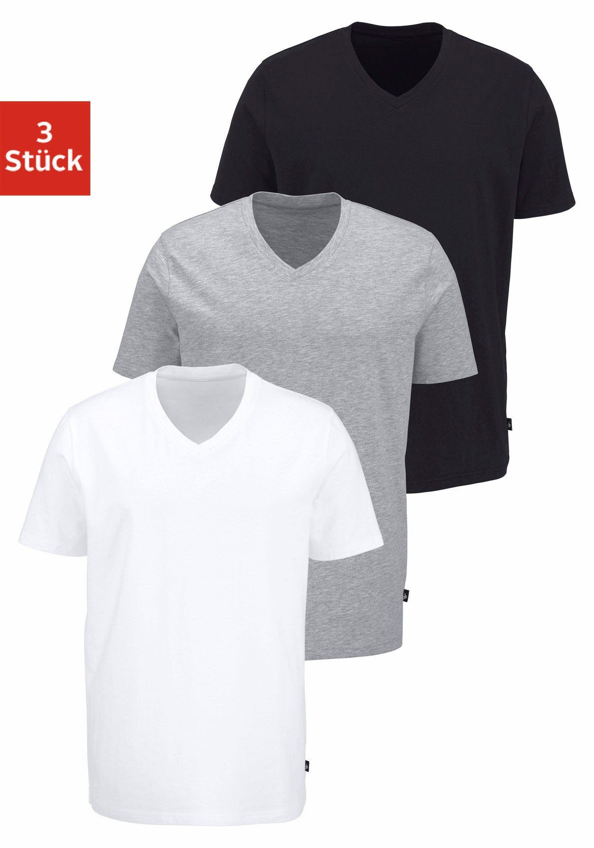 T-Shirt (3-tlg., V-Ausschnitt, elastischer grau-meliert Baumwolle Bruno schwarz, aus Banani 3er-Pack) Passform, weiß, mit perfekte