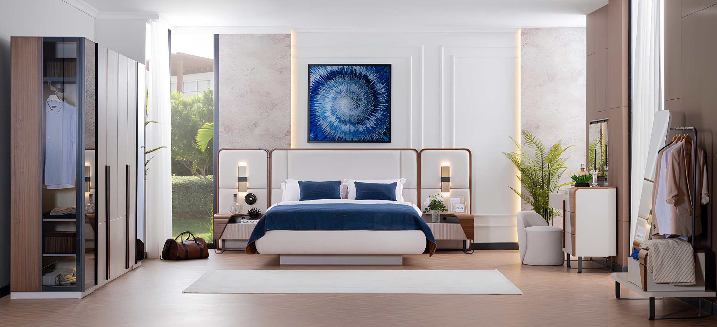 JVmoebel Schlafzimmer-Set JVMoebel Polsterbett mit Kleiderschrank und Schminktisch in Holzoptik, (7-tlg), Made in Europa