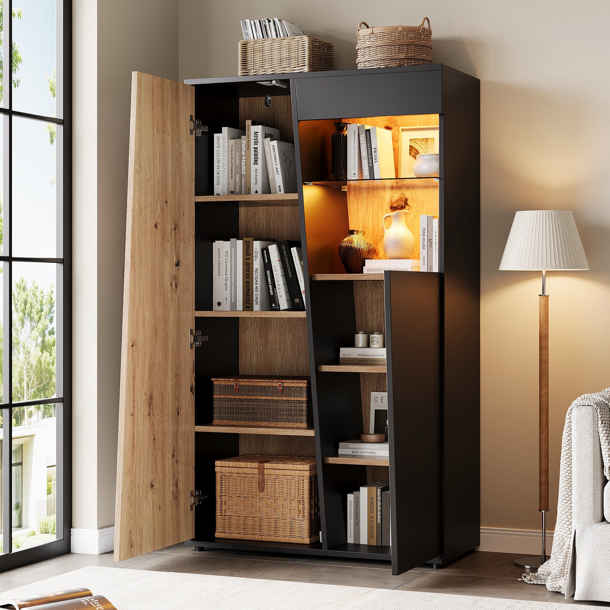 Odikalo Vitrine Vitrineschrank Sideboard mit LED Verstellbare GlasRegalböden (80x35x139,5cm Mehrzweckschrank verstellbares Sicherheitsglas, 2 Flügeltüren, 7 Einlegeböden, 9 Ablagefächer, Kein Griff)