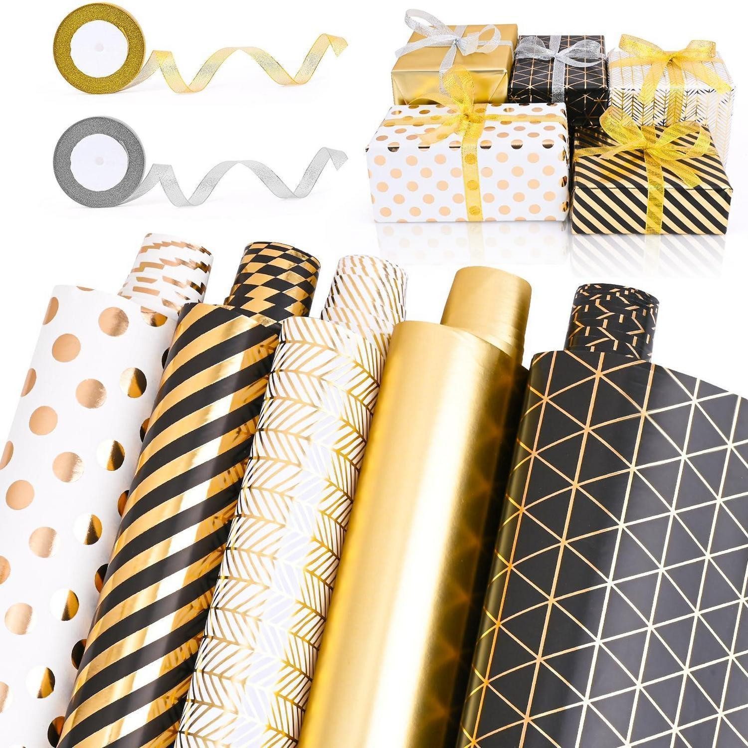LuxusKollektion Geschenkpapier Geschenkpapier Set Schwarz Gold 5 Rollen, (5St)