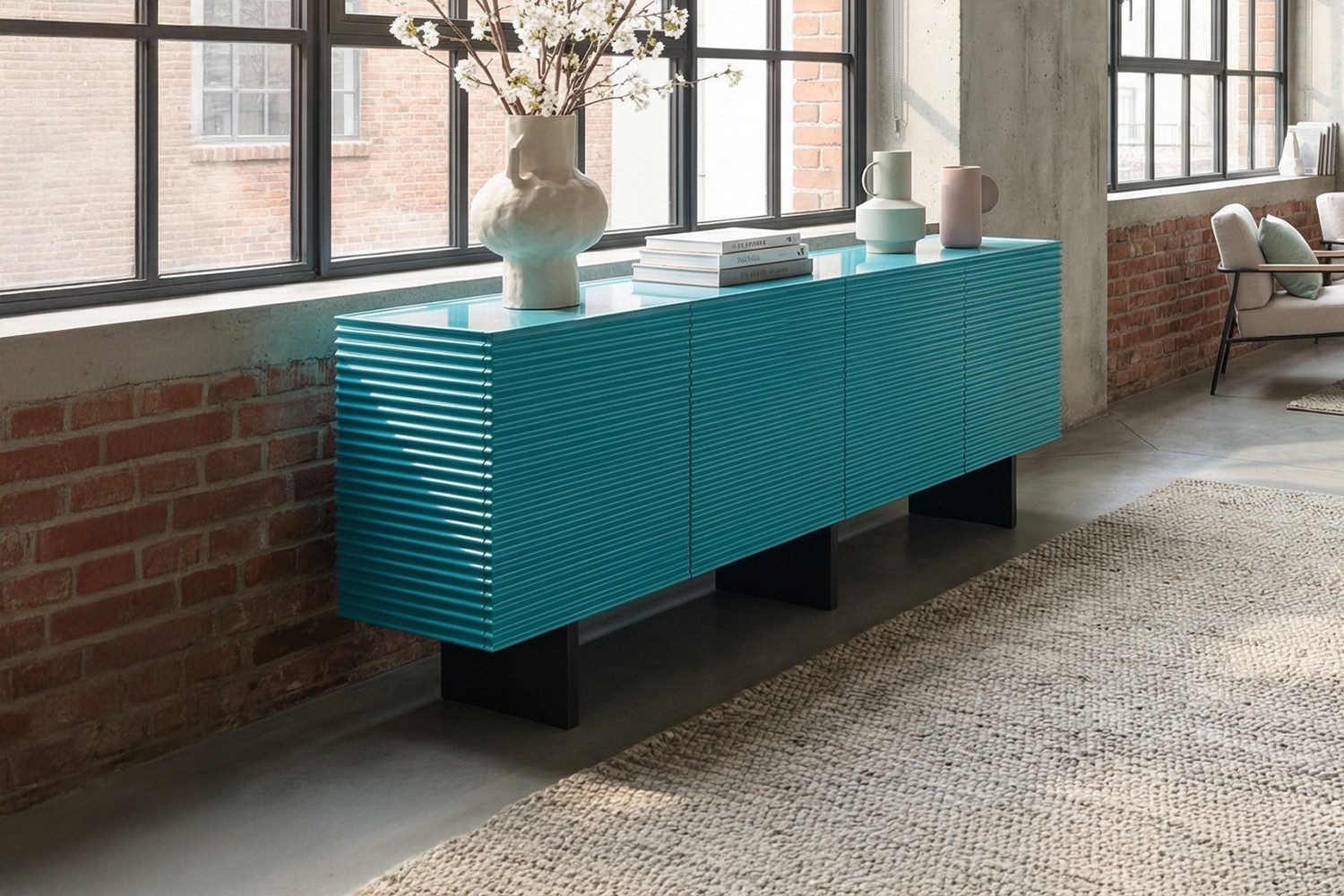 KAWOLA Sideboard LYNN moderne Kommode, viel Stauraum, 4 Türen lackiert petrol, Einlegeböden verstellbar