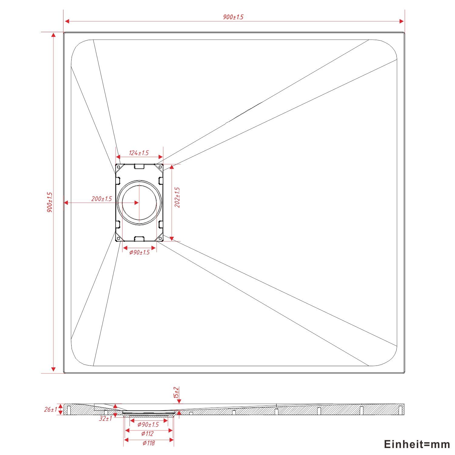 AQUALAVOS Duschwanne Duschwanne mit Ablaufgarnitur Schieferoptik Rutschfeste Struktur 90x90, Sheet-Molding-Compound(SMC), Weiß / Schwarz, Ablaufloch ∅ 90 mm, quadratisch, Zuschneidbar