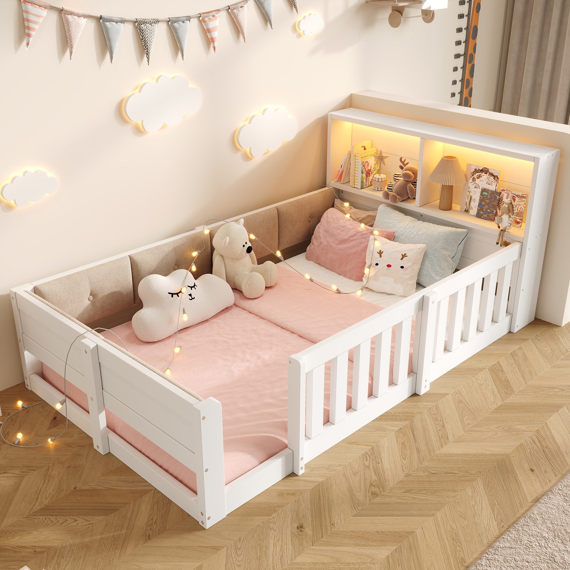 Flieks Holzbett, Kinderbett Bodenbett Gitterbett 90x200cm mit Gitter & LED-Lichtleiste