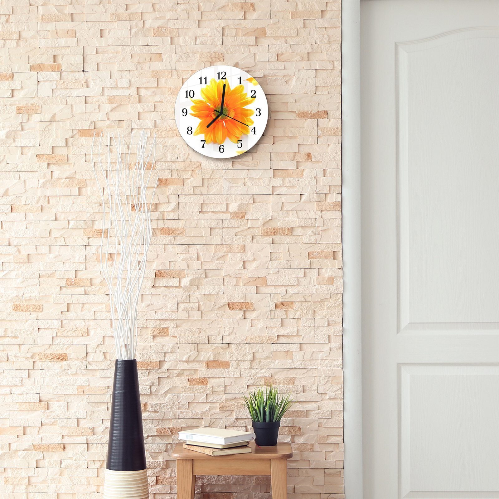 Primedeco Wanduhr Wanduhr aus Glas mit mit Rund Quarzuhrwerk cm und Blüte 30 Durchmesser - Motiv