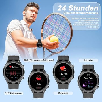 IOWODO Smartwatch (1,39 Zoll, Android iOS), Herren mit Telefonfunktion Fitnessuhr mit Wasserdichtigkeit Amrbanduhr